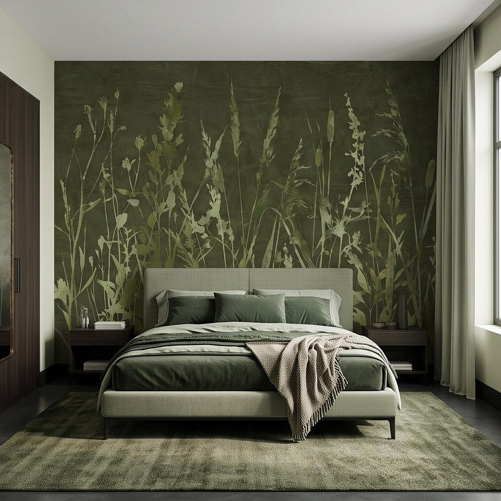 Olive Green Wildflower Peel and Stick Wall Mural, Botanical Meadow Grasses Watercolor Silhouettes Earthy Nature Modern Rustic Wallpaper