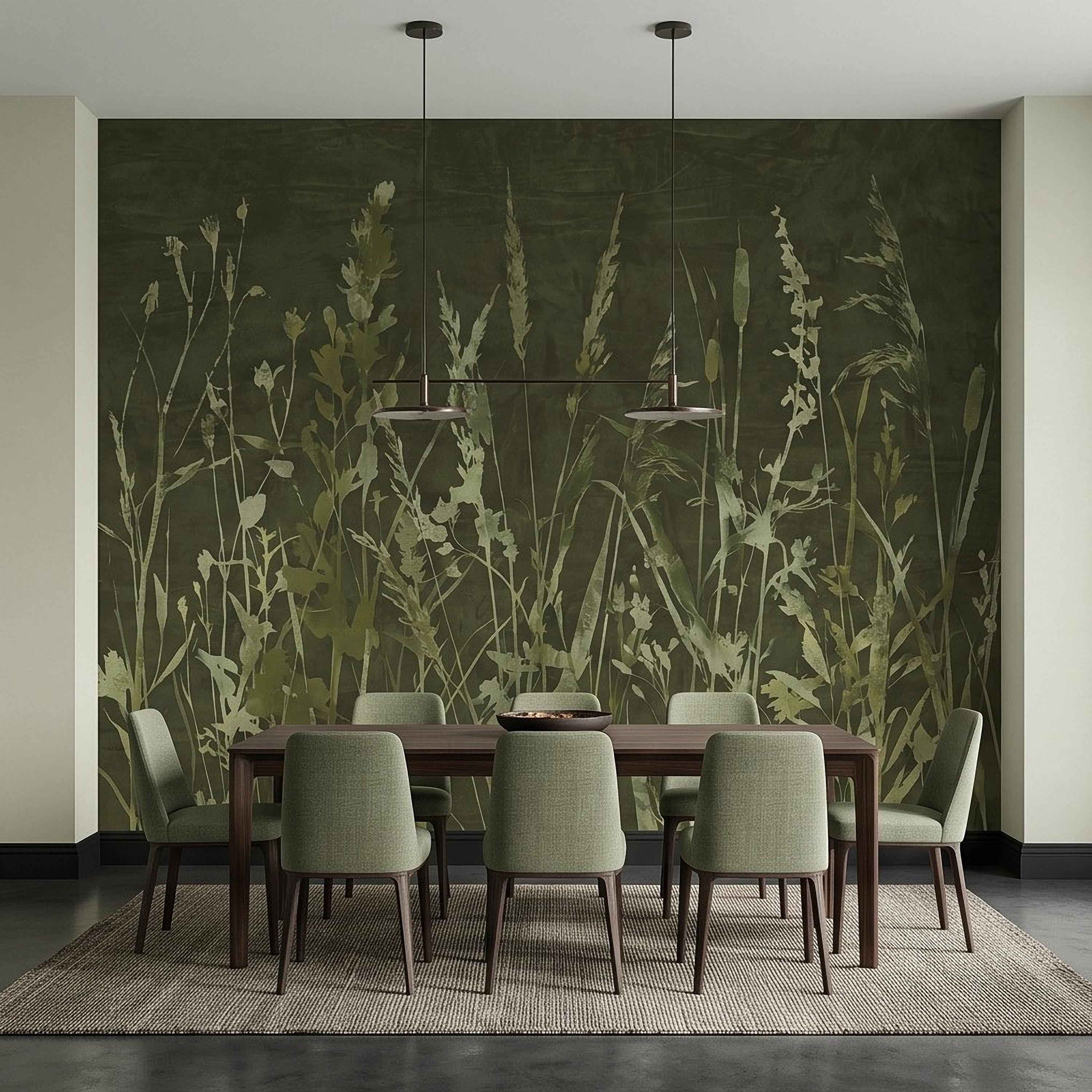 Olive Green Wildflower Peel and Stick Wall Mural, Botanical Meadow Grasses Watercolor Silhouettes Earthy Nature Modern Rustic Wallpaper