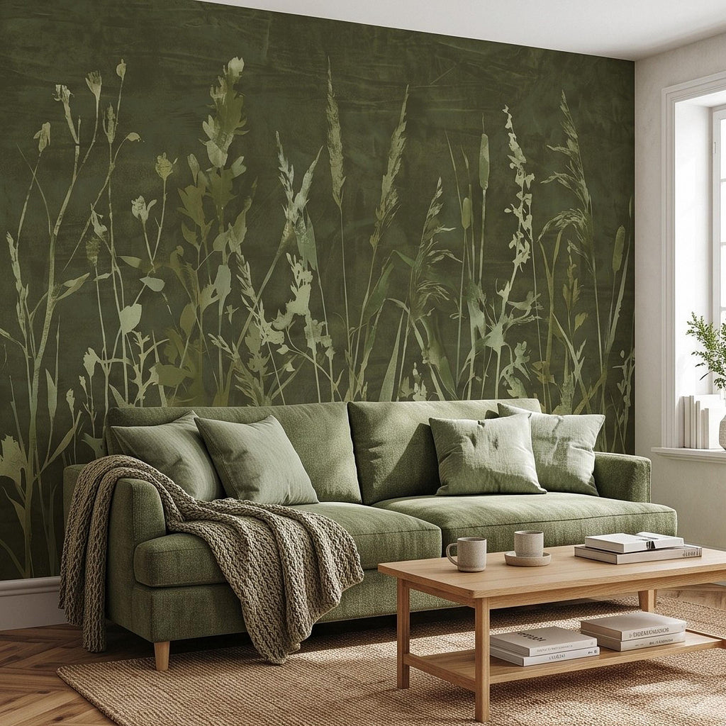 Olive Green Wildflower Peel and Stick Wall Mural, Botanical Meadow Grasses Watercolor Silhouettes Earthy Nature Modern Rustic Wallpaper