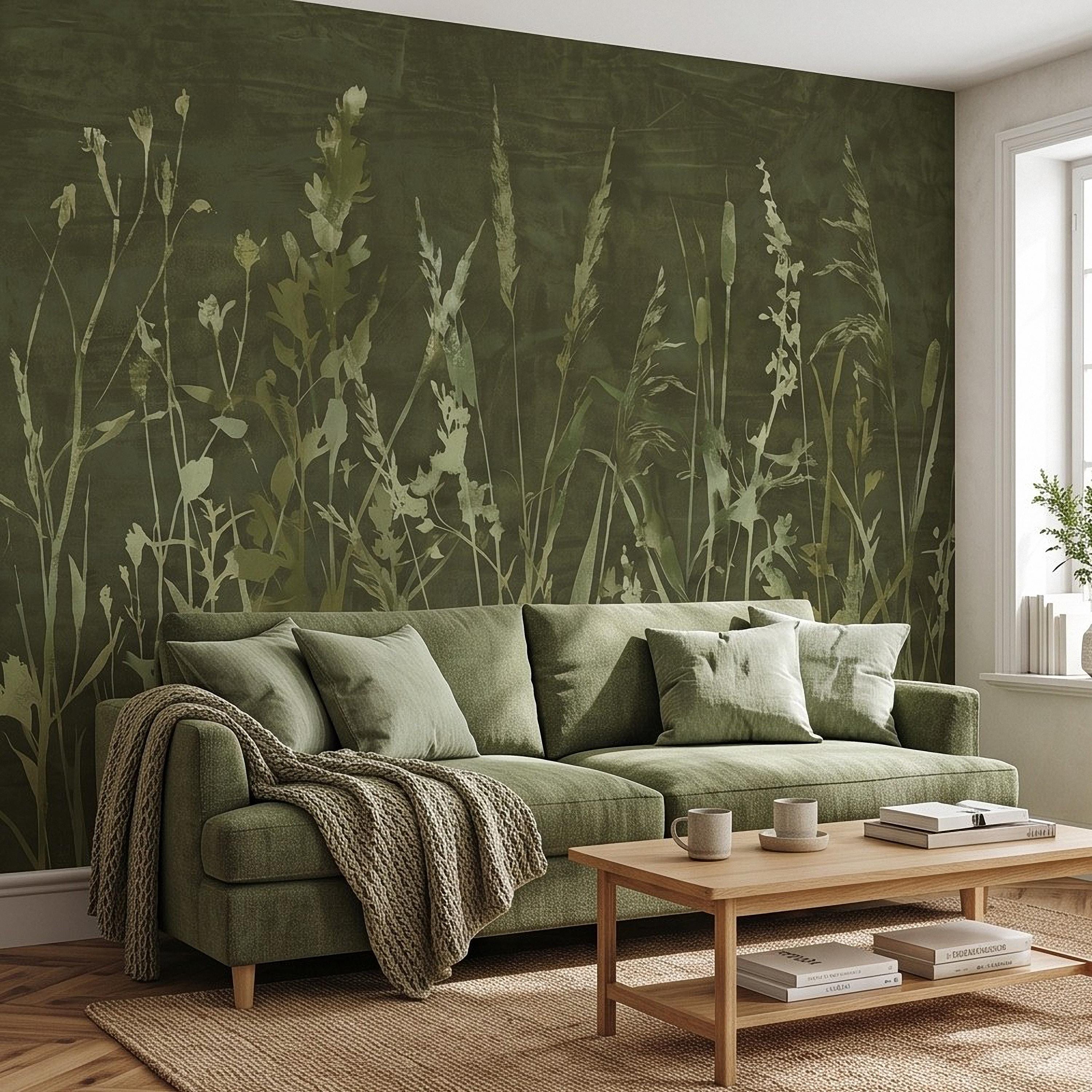 Olive Green Wildflower Peel and Stick Wall Mural, Botanical Meadow Grasses Watercolor Silhouettes Earthy Nature Modern Rustic Wallpaper