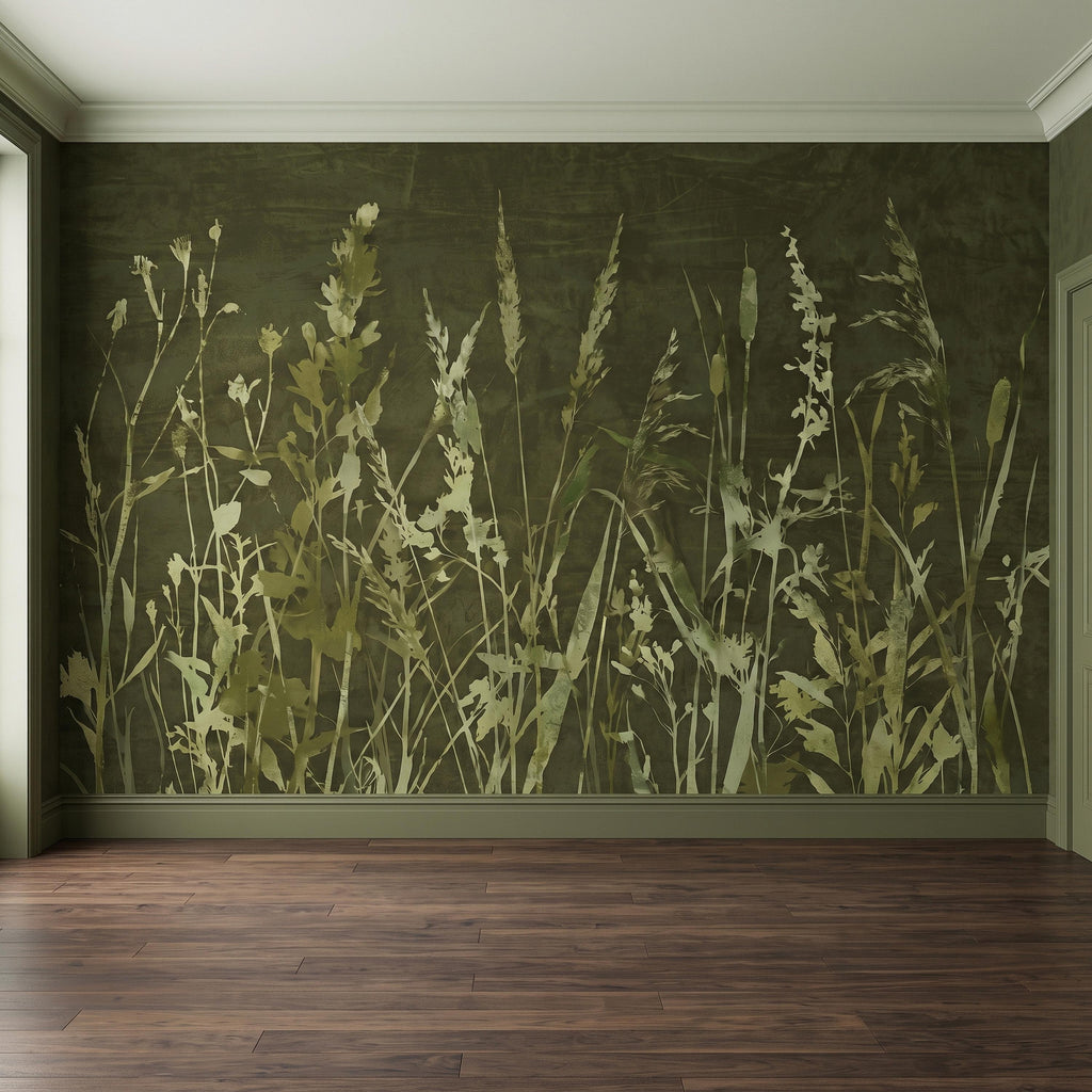 Olive Green Wildflower Peel and Stick Wall Mural, Botanical Meadow Grasses Watercolor Silhouettes Earthy Nature Modern Rustic Wallpaper