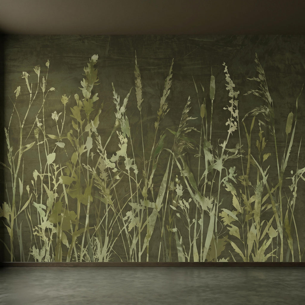 Olive Green Wildflower Peel and Stick Wall Mural, Botanical Meadow Grasses Watercolor Silhouettes Earthy Nature Modern Rustic Wallpaper