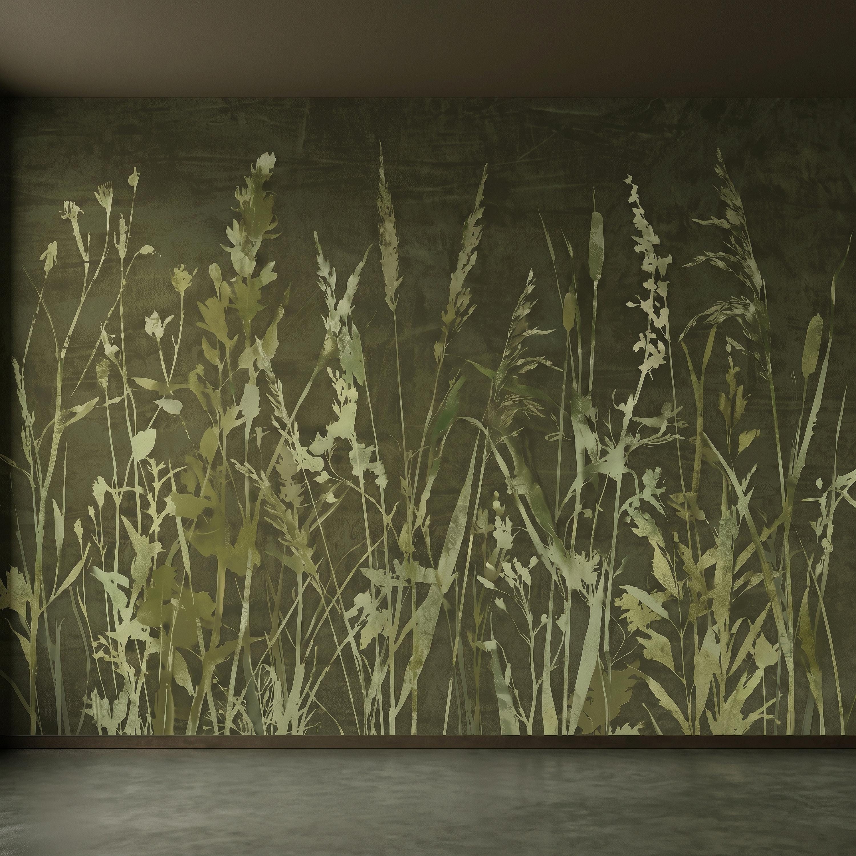 Olive Green Wildflower Peel and Stick Wall Mural, Botanical Meadow Grasses Watercolor Silhouettes Earthy Nature Modern Rustic Wallpaper