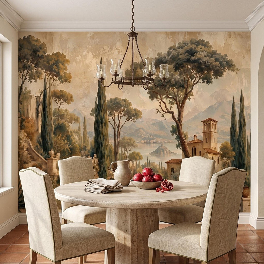 Vintage Italian Landscape Peel and Stick Wall Mural, Tuscany Lake Villa Cypress Trees Mediterranean Old World Scenic Painting Wallpaper