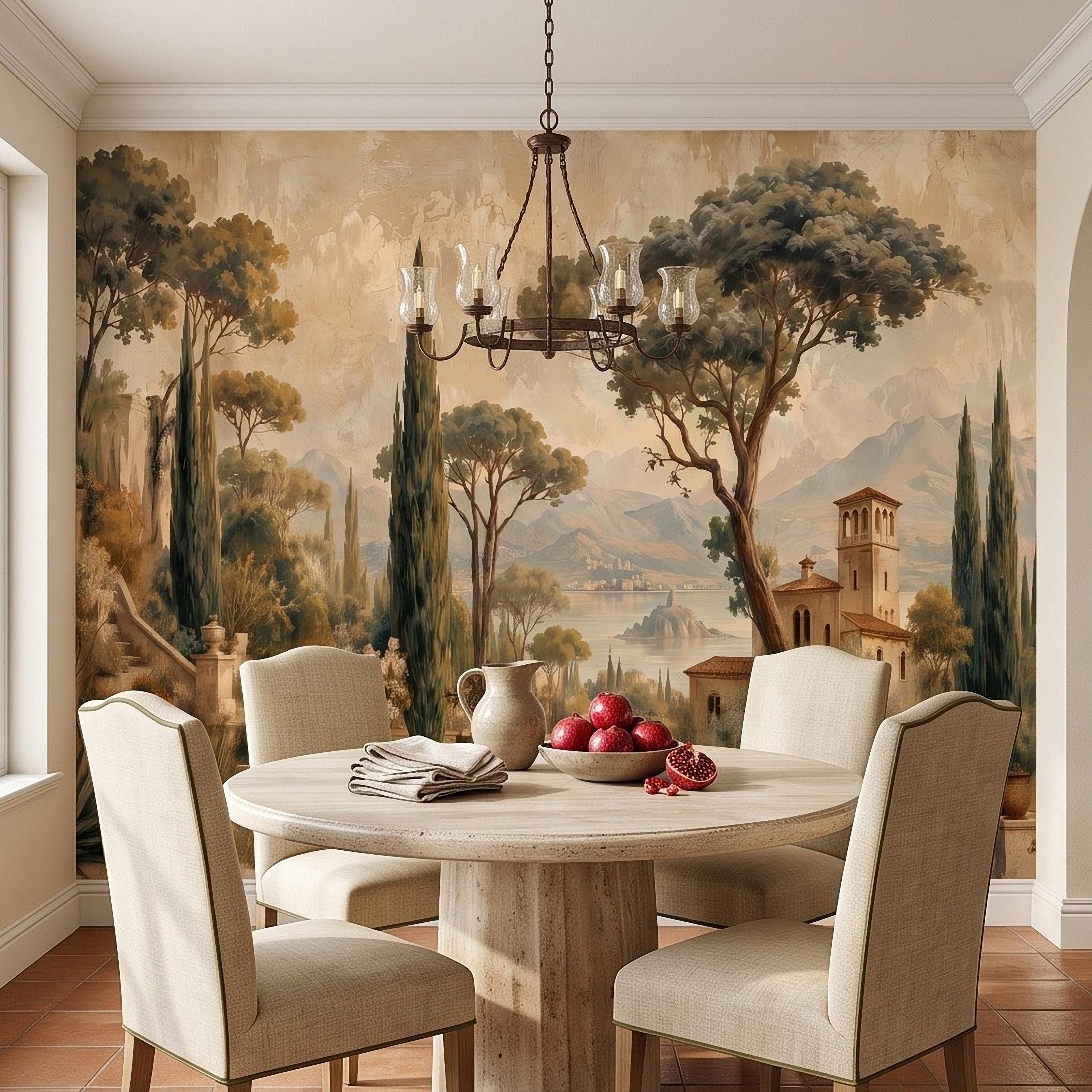 Vintage Italian Landscape Peel and Stick Wall Mural, Tuscany Lake Villa Cypress Trees Mediterranean Old World Scenic Painting Wallpaper