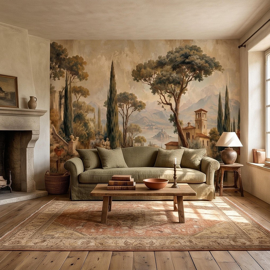Vintage Italian Landscape Peel and Stick Wall Mural, Tuscany Lake Villa Cypress Trees Mediterranean Old World Scenic Painting Wallpaper