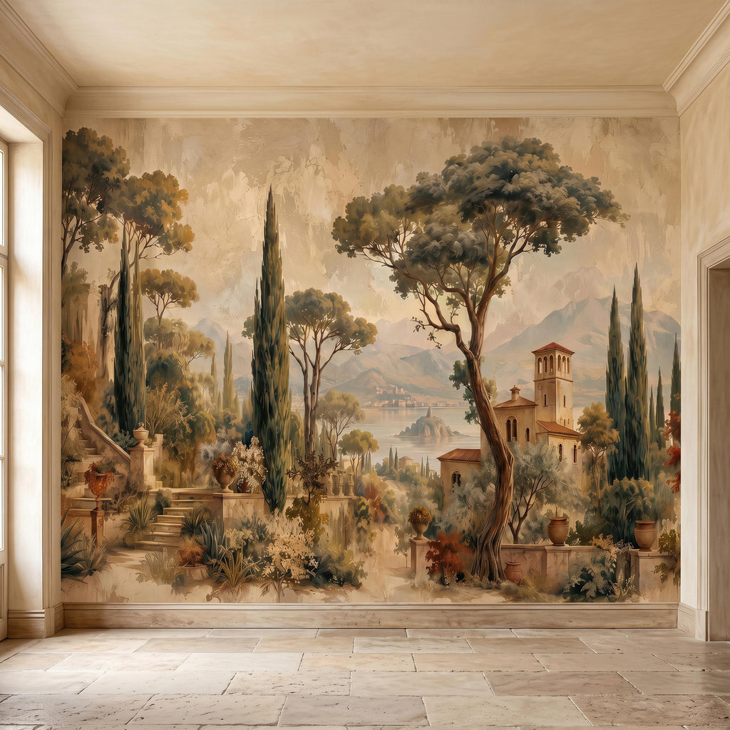 Vintage Italian Landscape Peel and Stick Wall Mural, Tuscany Lake Villa Cypress Trees Mediterranean Old World Scenic Painting Wallpaper