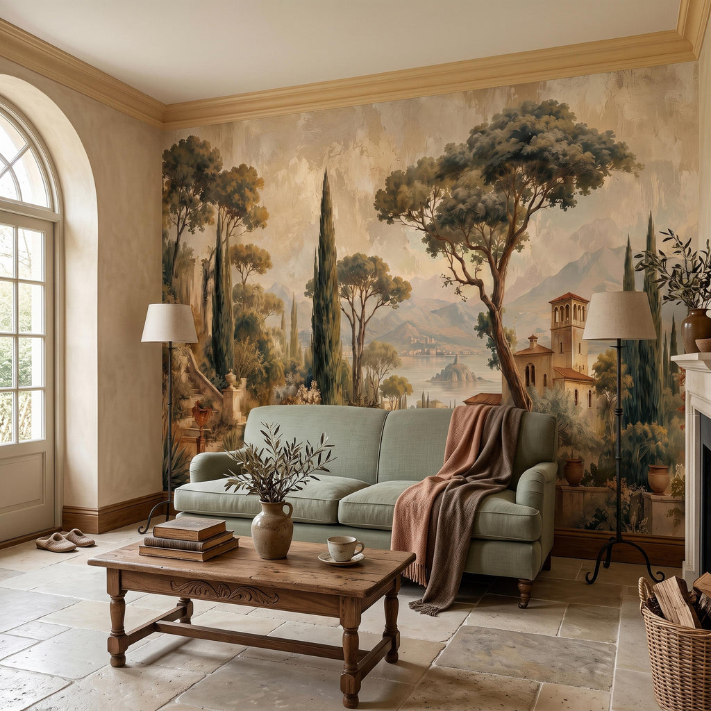 Vintage Italian Landscape Peel and Stick Wall Mural, Tuscany Lake Villa Cypress Trees Mediterranean Old World Scenic Painting Wallpaper