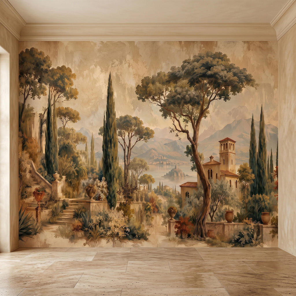 Vintage Italian Landscape Peel and Stick Wall Mural, Tuscany Lake Villa Cypress Trees Mediterranean Old World Scenic Painting Wallpaper