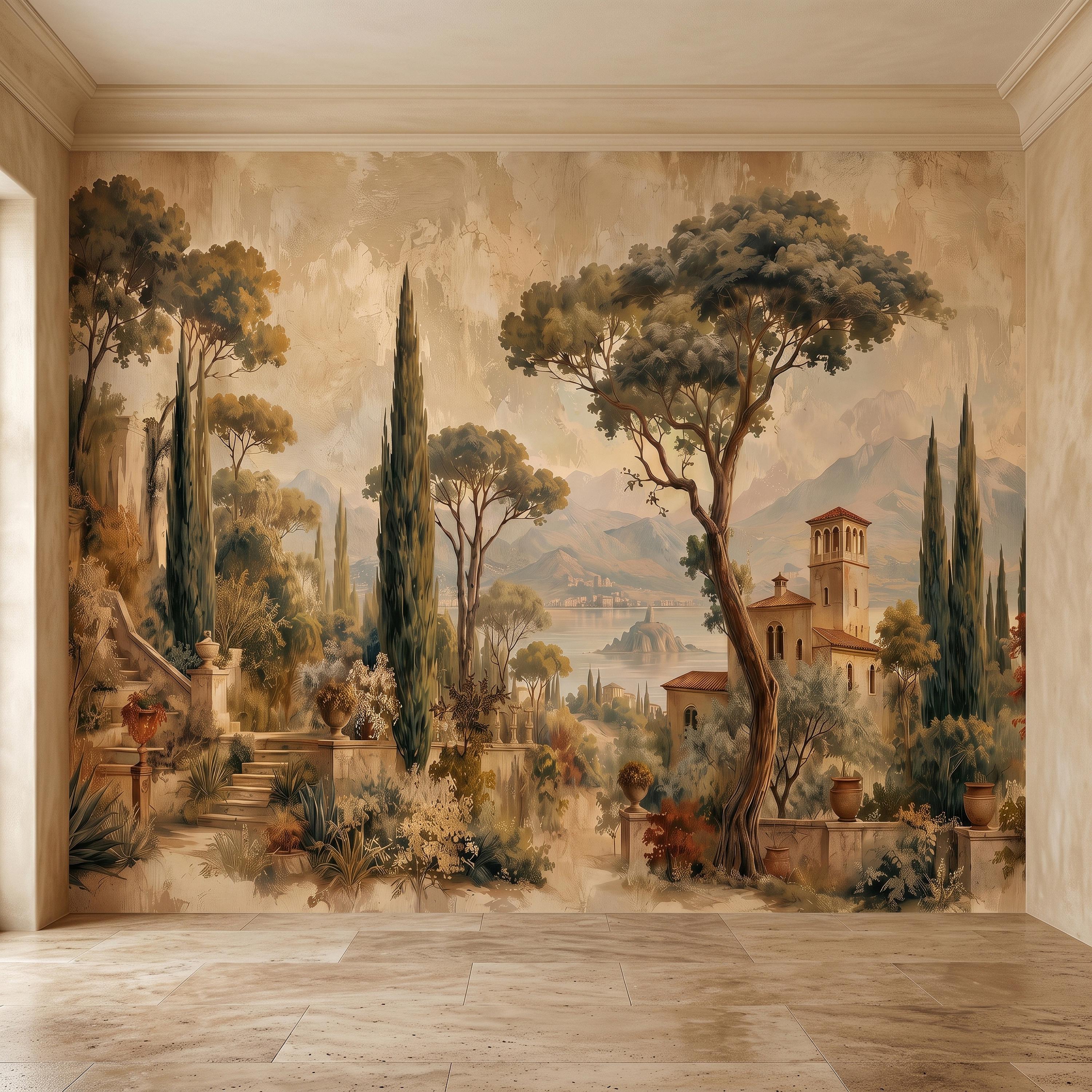 Vintage Italian Landscape Peel and Stick Wall Mural, Tuscany Lake Villa Cypress Trees Mediterranean Old World Scenic Painting Wallpaper