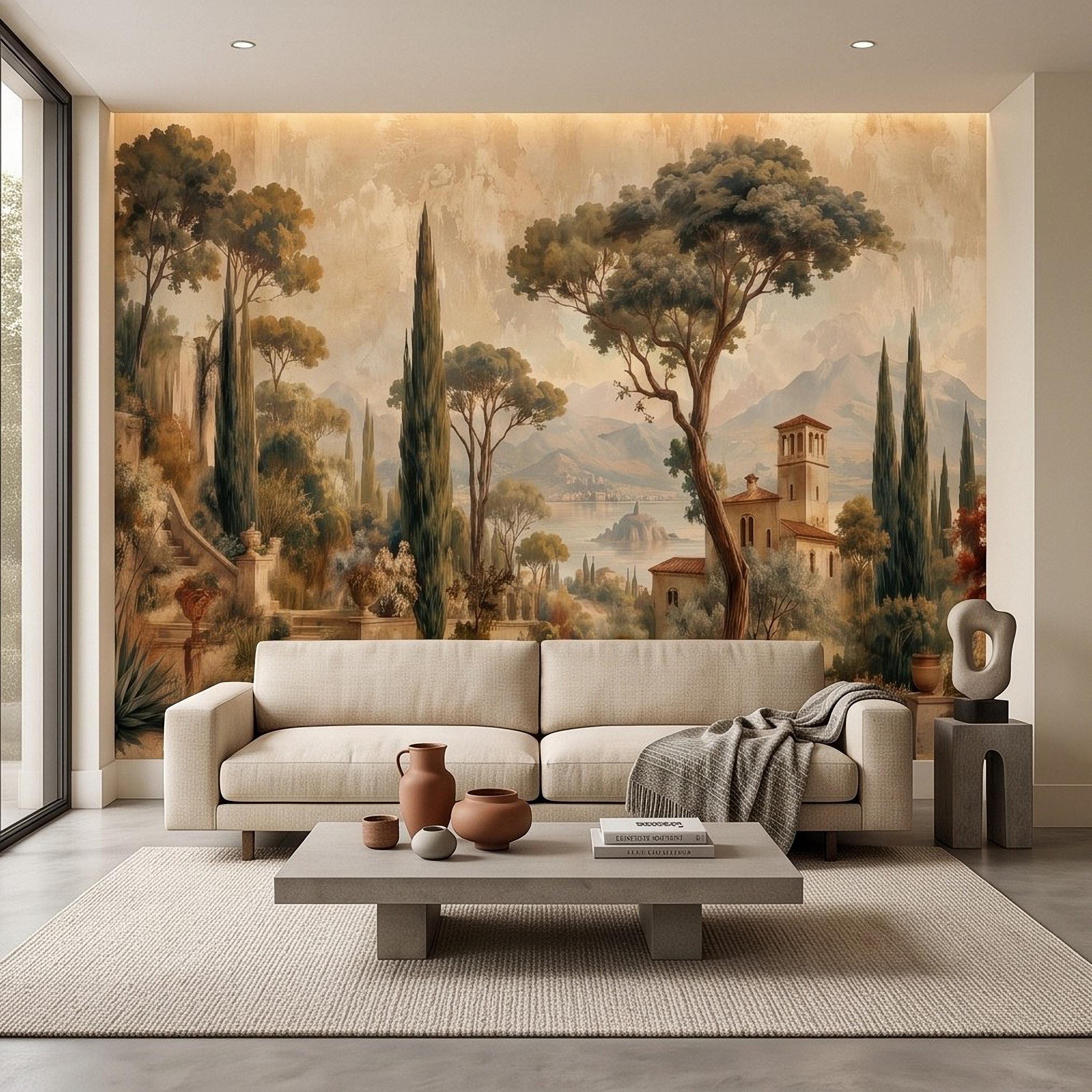 Vintage Italian Landscape Peel and Stick Wall Mural, Tuscany Lake Villa Cypress Trees Mediterranean Old World Scenic Painting Wallpaper