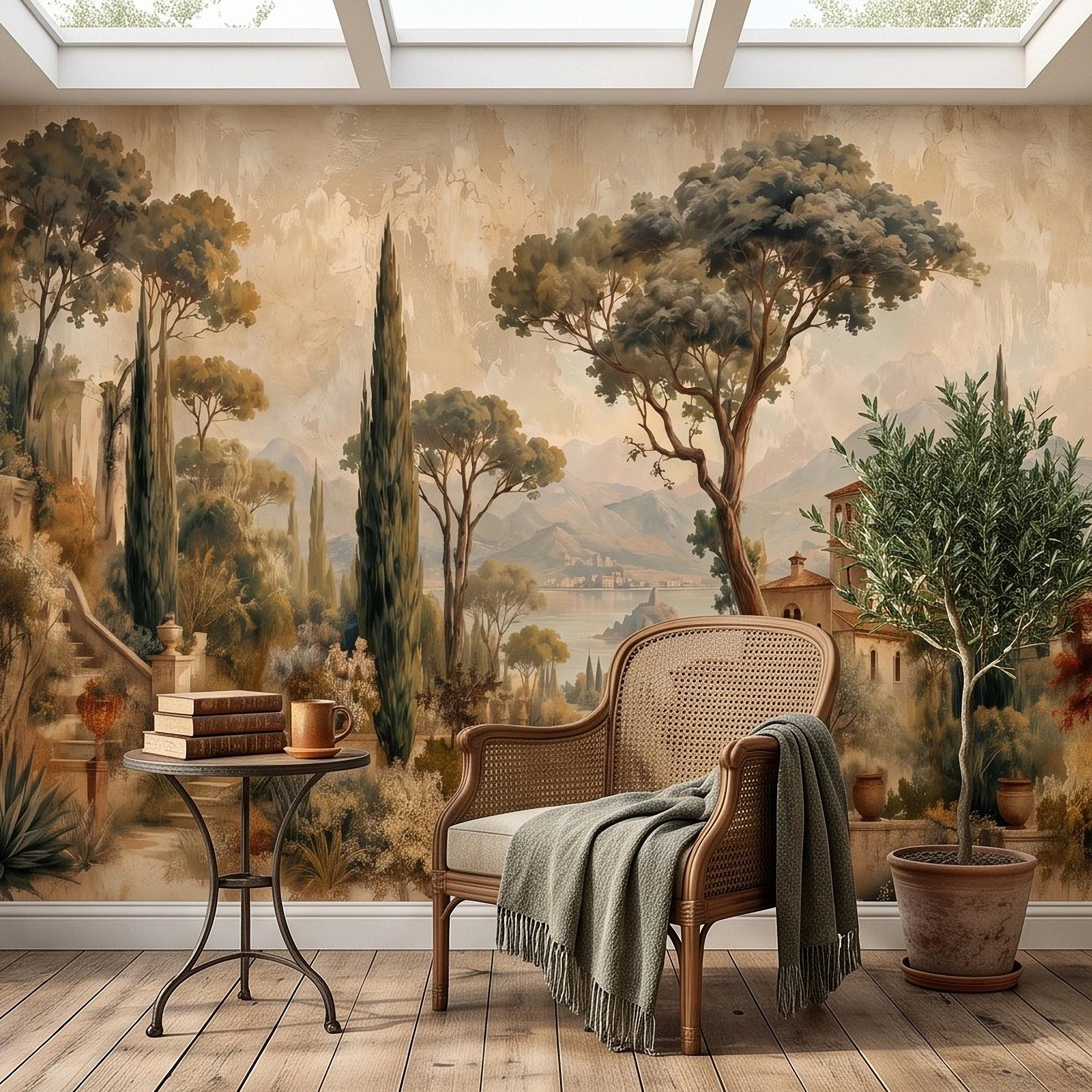 Vintage Italian Landscape Peel and Stick Wall Mural, Tuscany Lake Villa Cypress Trees Mediterranean Old World Scenic Painting Wallpaper