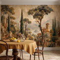 Vintage Italian Landscape Peel and Stick Wall Mural, Tuscany Lake Villa Cypress Trees Mediterranean Old World Scenic Painting Wallpaper
