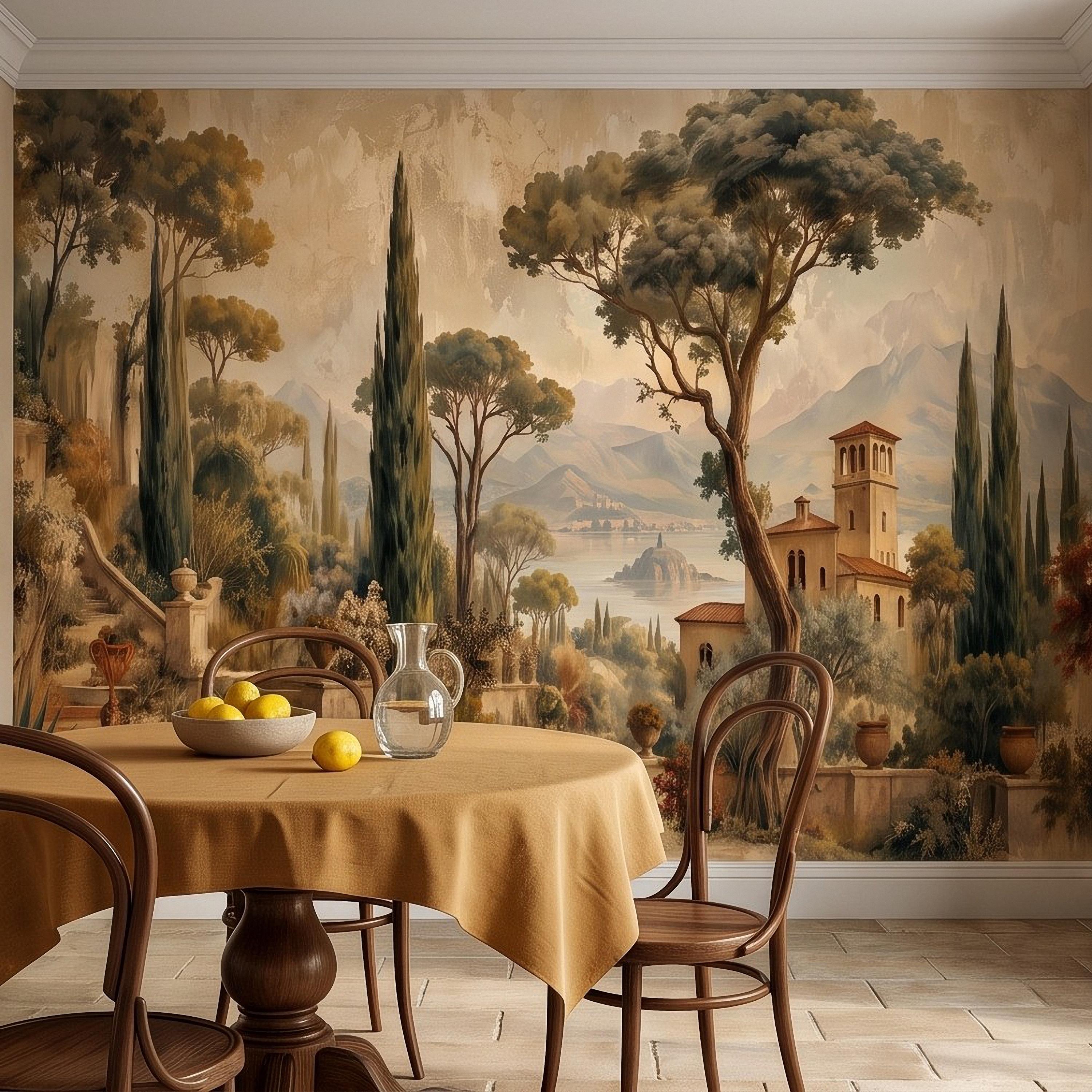 Vintage Italian Landscape Peel and Stick Wall Mural, Tuscany Lake Villa Cypress Trees Mediterranean Old World Scenic Painting Wallpaper