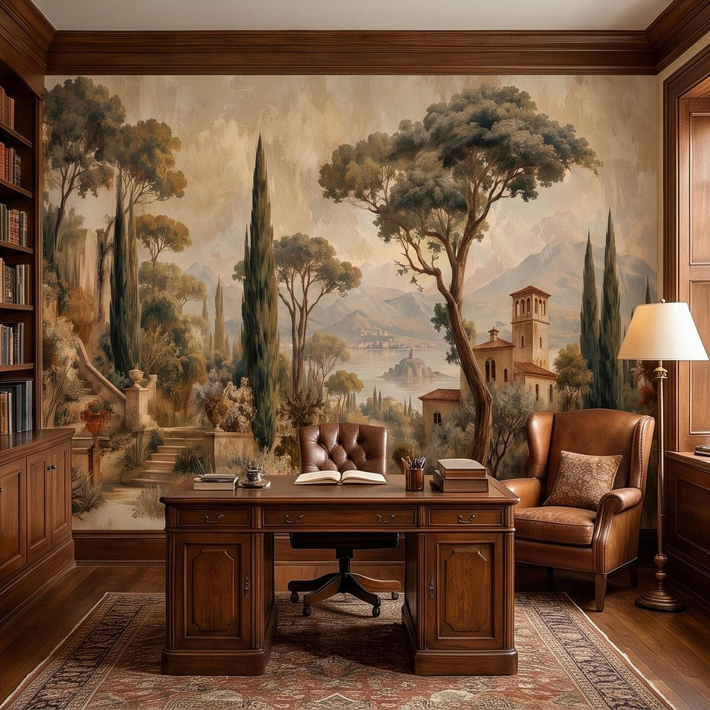 Vintage Italian Landscape Peel and Stick Wall Mural, Tuscany Lake Villa Cypress Trees Mediterranean Old World Scenic Painting Wallpaper