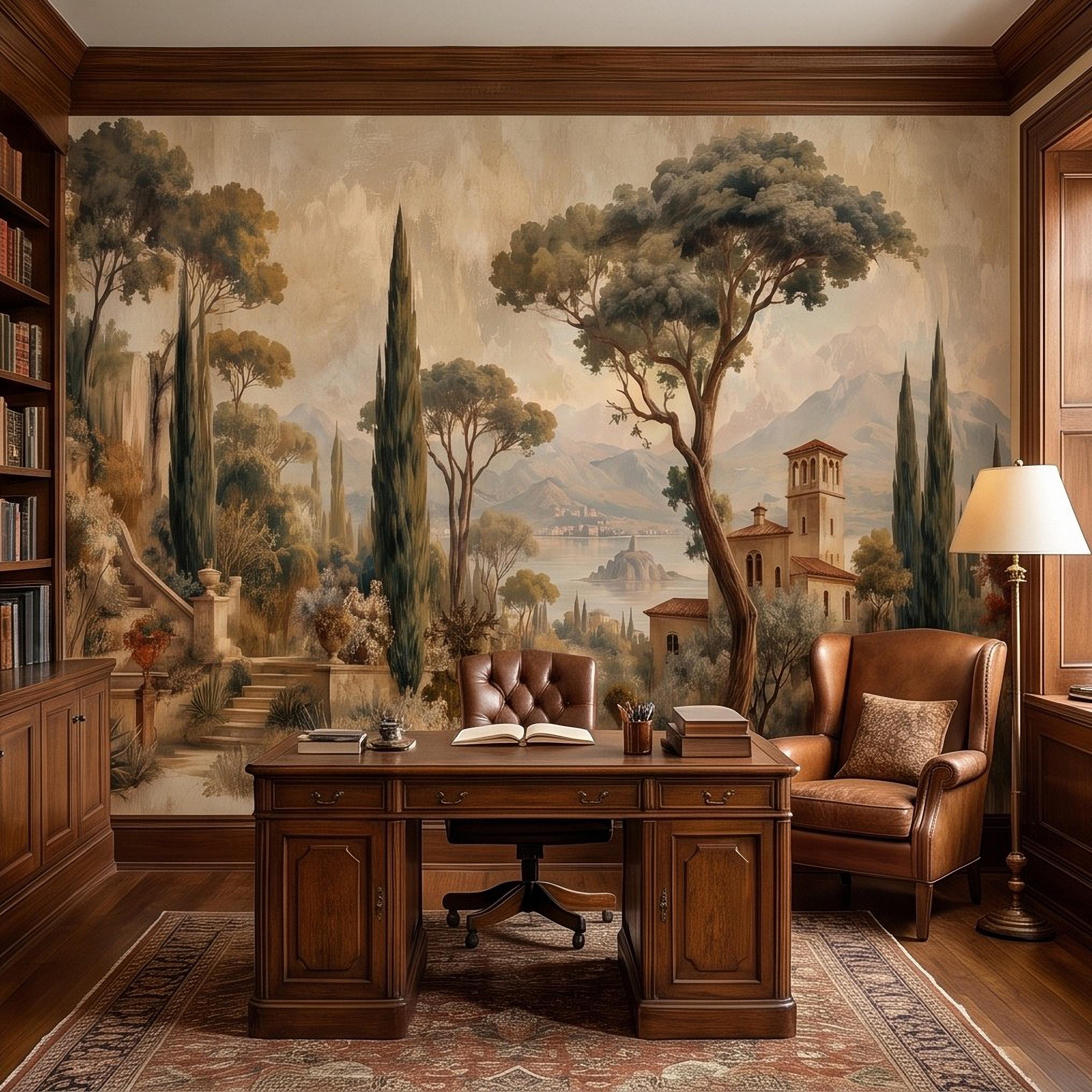 Vintage Italian Landscape Peel and Stick Wall Mural, Tuscany Lake Villa Cypress Trees Mediterranean Old World Scenic Painting Wallpaper