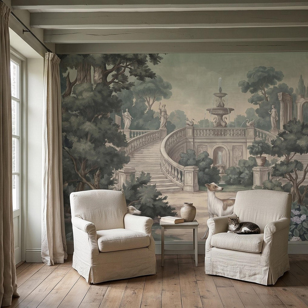 Italian Garden Peel and Stick Wall Mural, Greyhound Dogs Classical Fountain Statues Romantic European Landscape Vintage Scenic Wallpaper