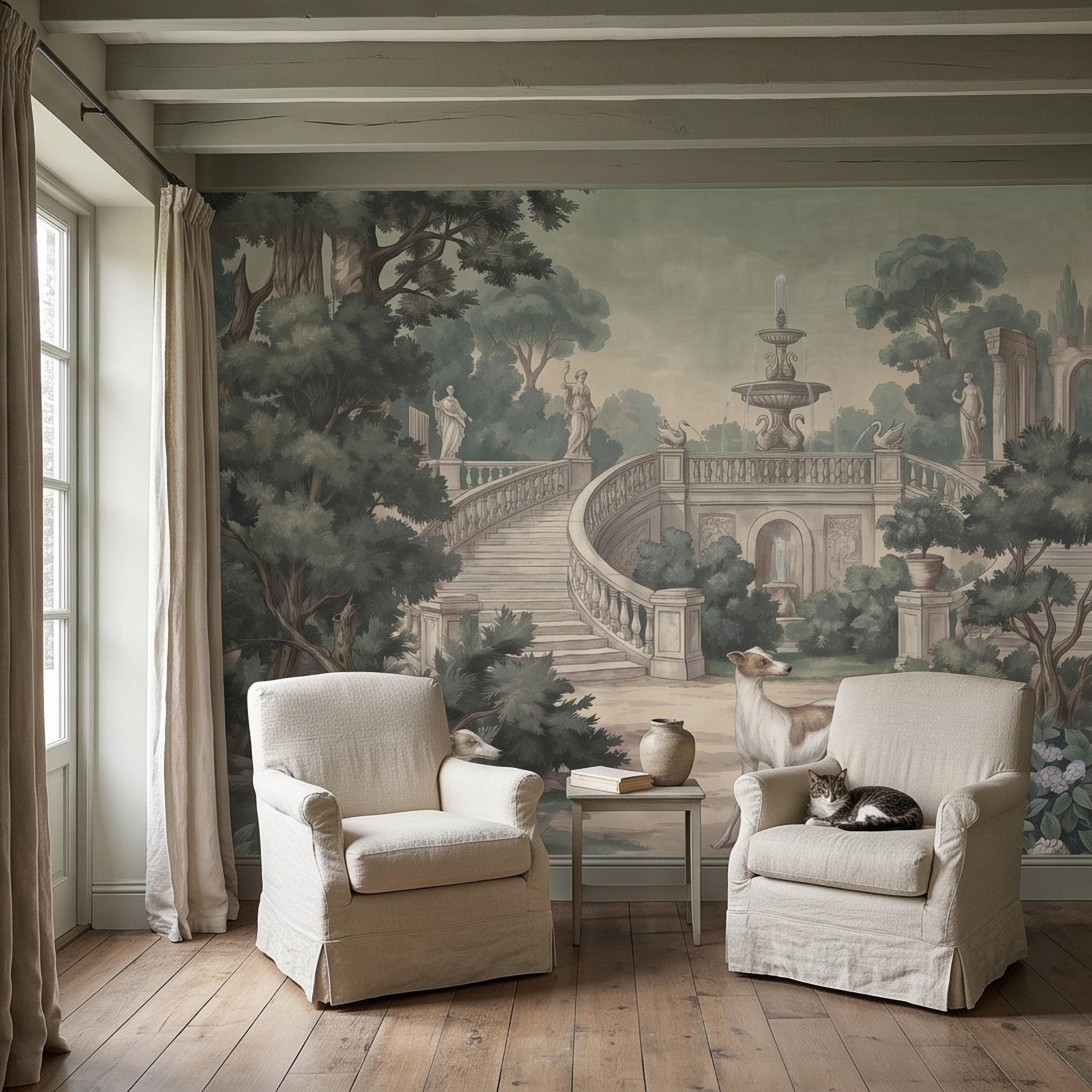 Italian Garden Peel and Stick Wall Mural, Greyhound Dogs Classical Fountain Statues Romantic European Landscape Vintage Scenic Wallpaper