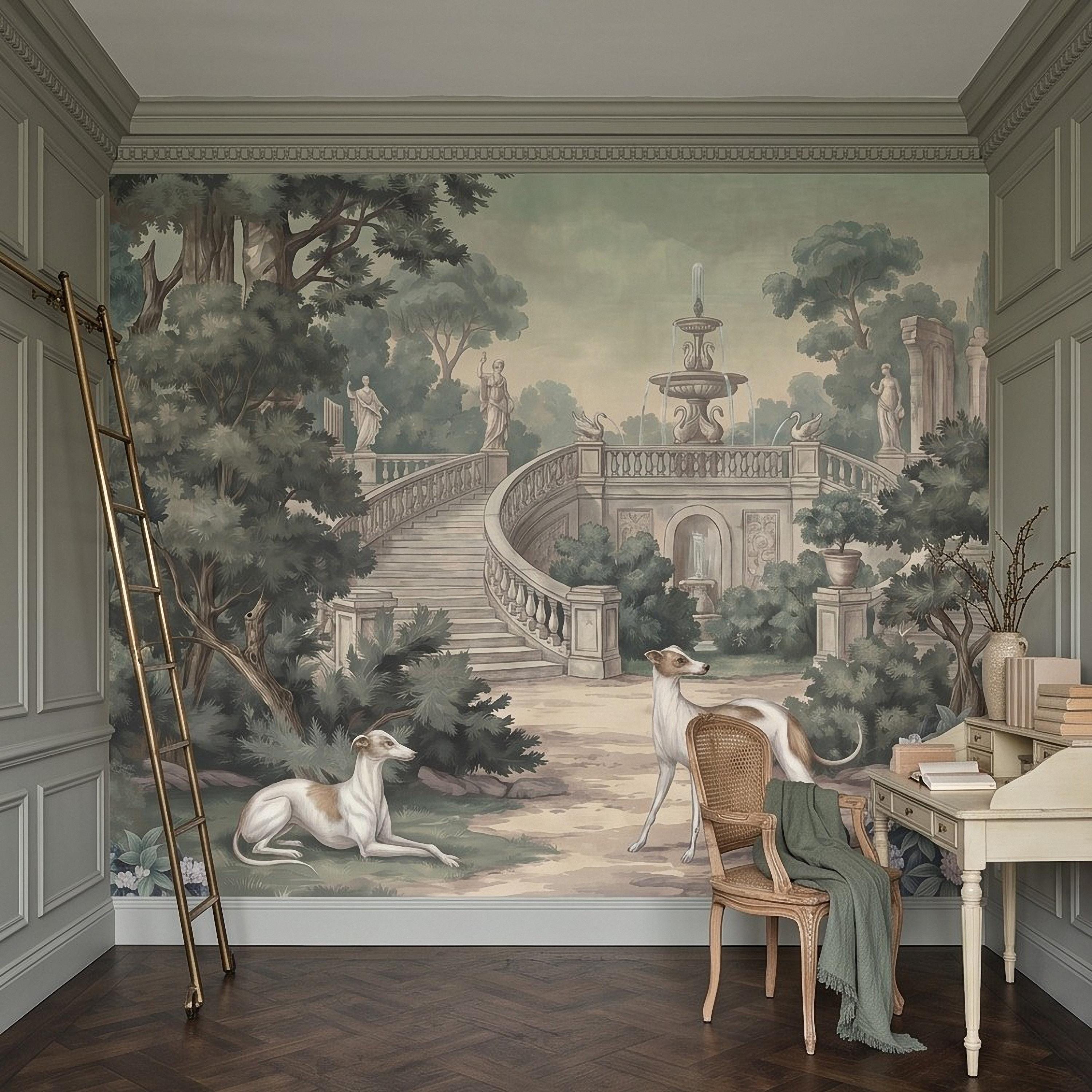 Italian Garden Peel and Stick Wall Mural, Greyhound Dogs Classical Fountain Statues Romantic European Landscape Vintage Scenic Wallpaper