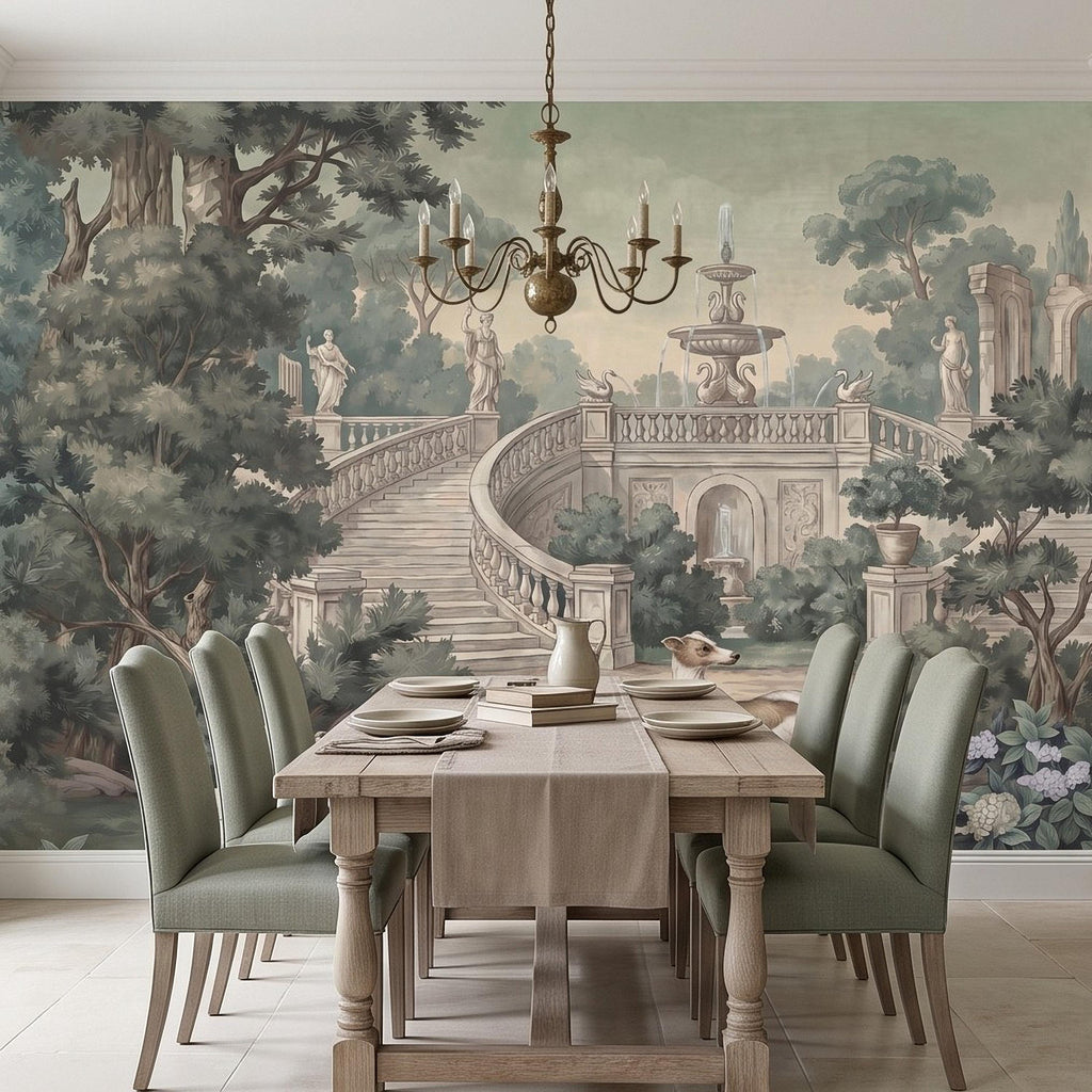 Italian Garden Peel and Stick Wall Mural, Greyhound Dogs Classical Fountain Statues Romantic European Landscape Vintage Scenic Wallpaper