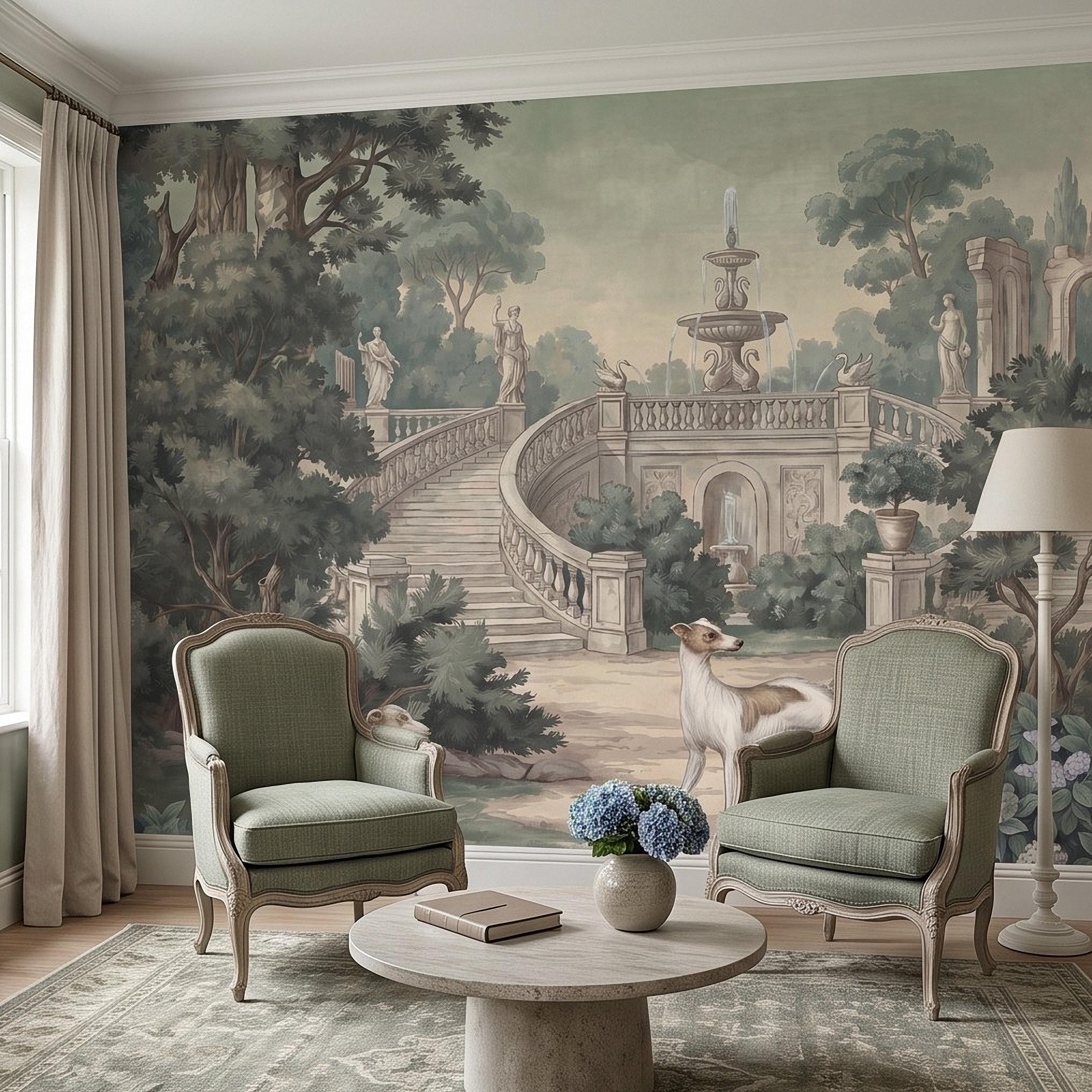 Italian Garden Peel and Stick Wall Mural, Greyhound Dogs Classical Fountain Statues Romantic European Landscape Vintage Scenic Wallpaper