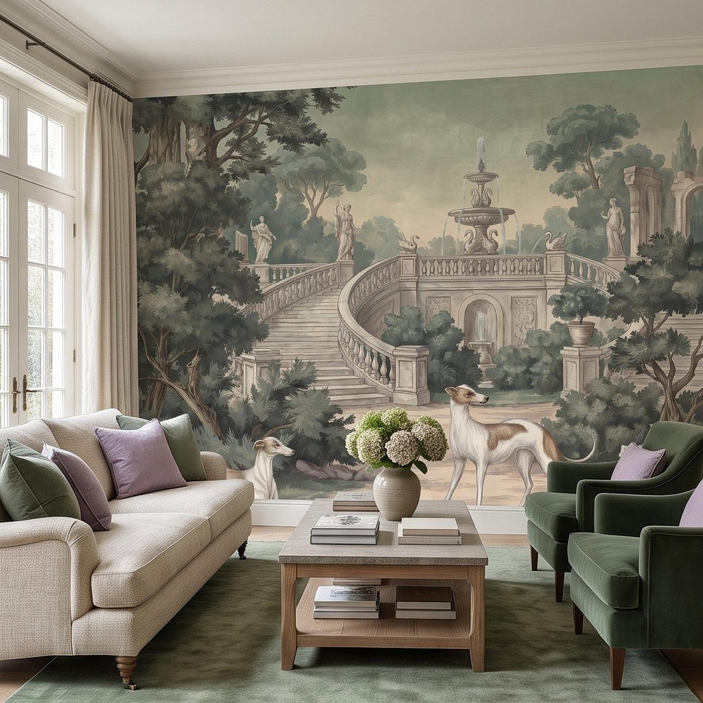 Italian Garden Peel and Stick Wall Mural, Greyhound Dogs Classical Fountain Statues Romantic European Landscape Vintage Scenic Wallpaper