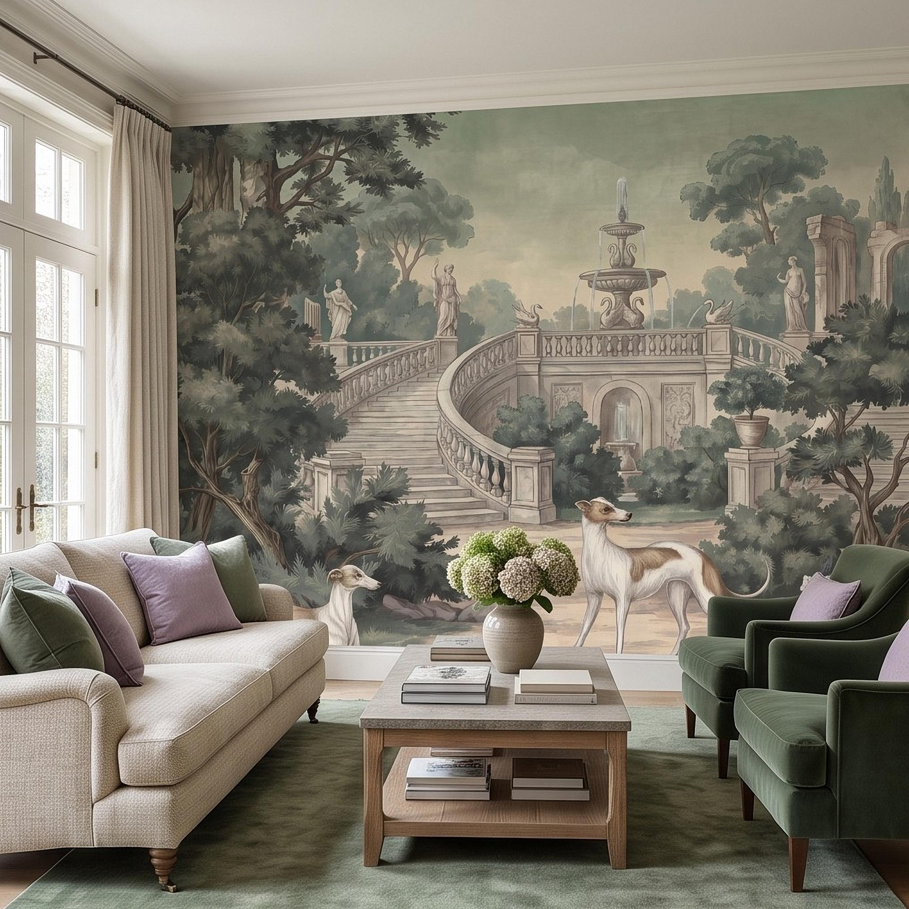 Italian Garden Peel and Stick Wall Mural, Greyhound Dogs Classical Fountain Statues Romantic European Landscape Vintage Scenic Wallpaper