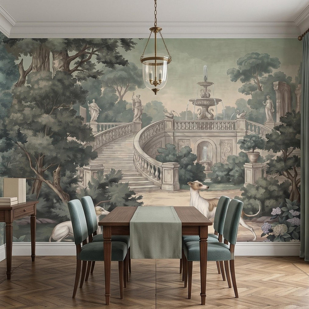 Italian Garden Peel and Stick Wall Mural, Greyhound Dogs Classical Fountain Statues Romantic European Landscape Vintage Scenic Wallpaper