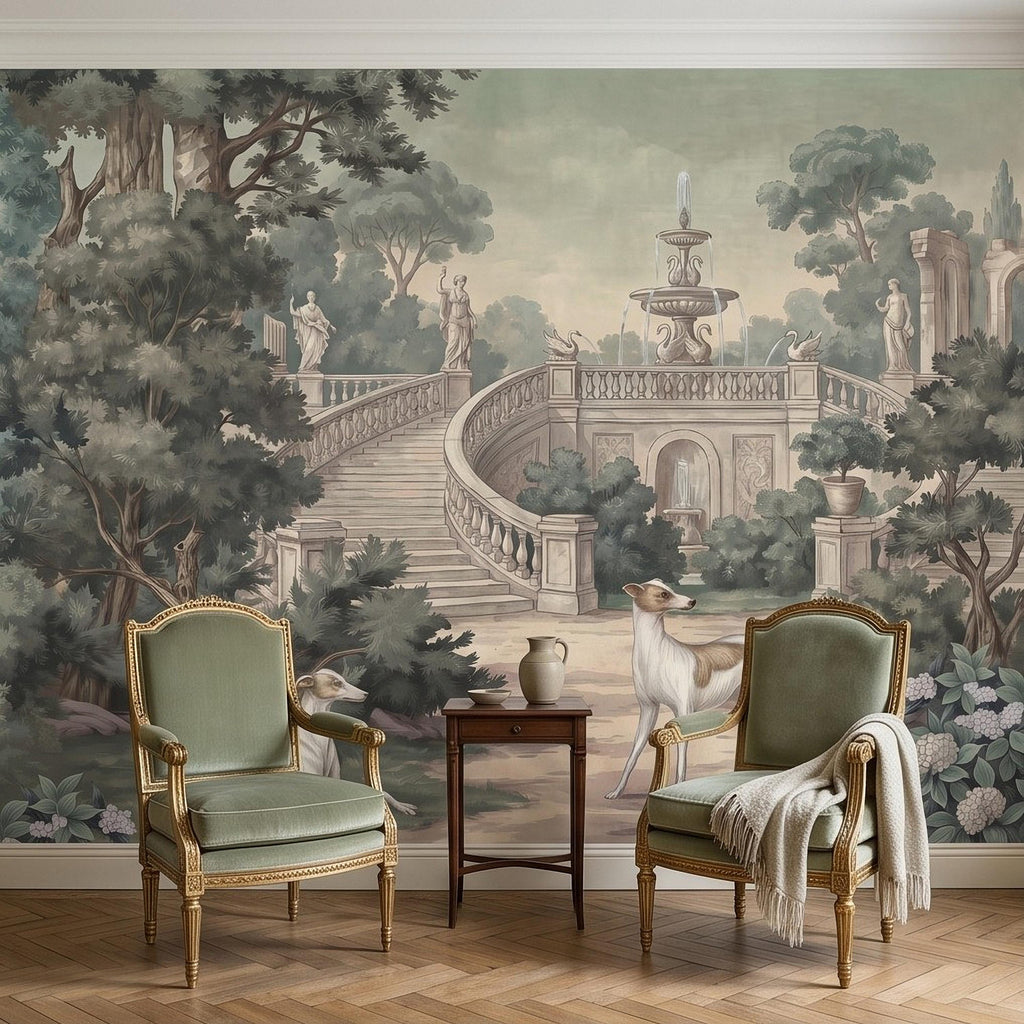 Italian Garden Peel and Stick Wall Mural, Greyhound Dogs Classical Fountain Statues Romantic European Landscape Vintage Scenic Wallpaper