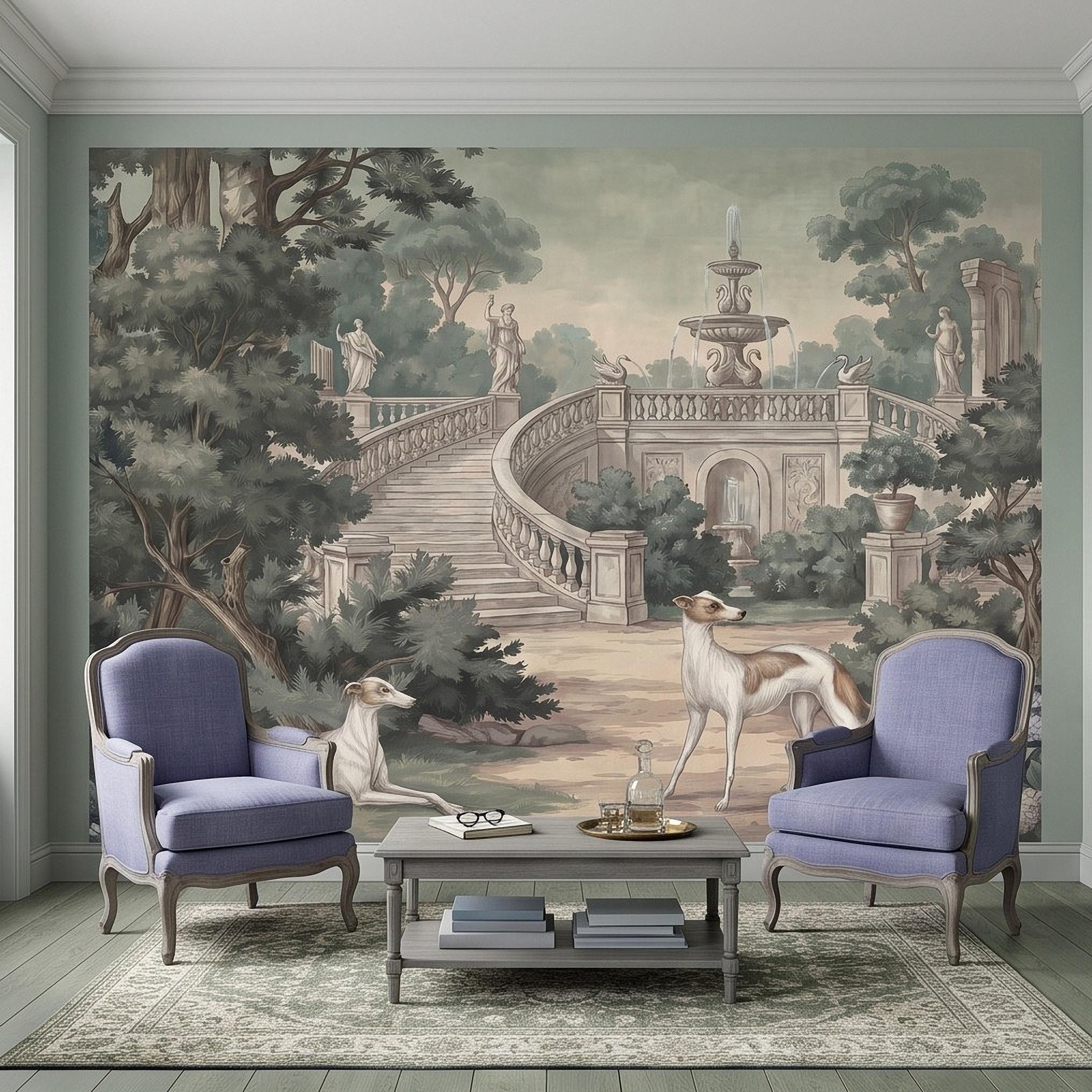 Italian Garden Peel and Stick Wall Mural, Greyhound Dogs Classical Fountain Statues Romantic European Landscape Vintage Scenic Wallpaper