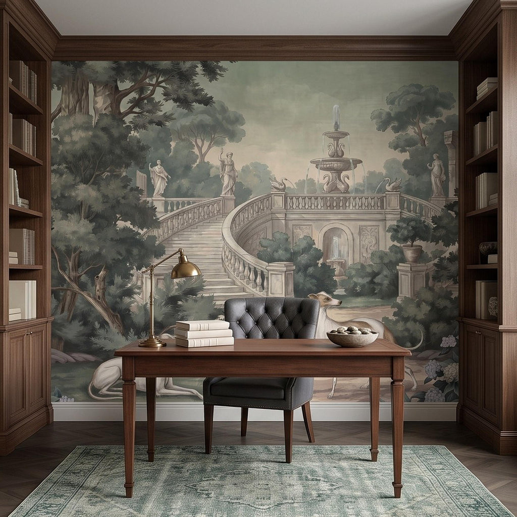 Italian Garden Peel and Stick Wall Mural, Greyhound Dogs Classical Fountain Statues Romantic European Landscape Vintage Scenic Wallpaper