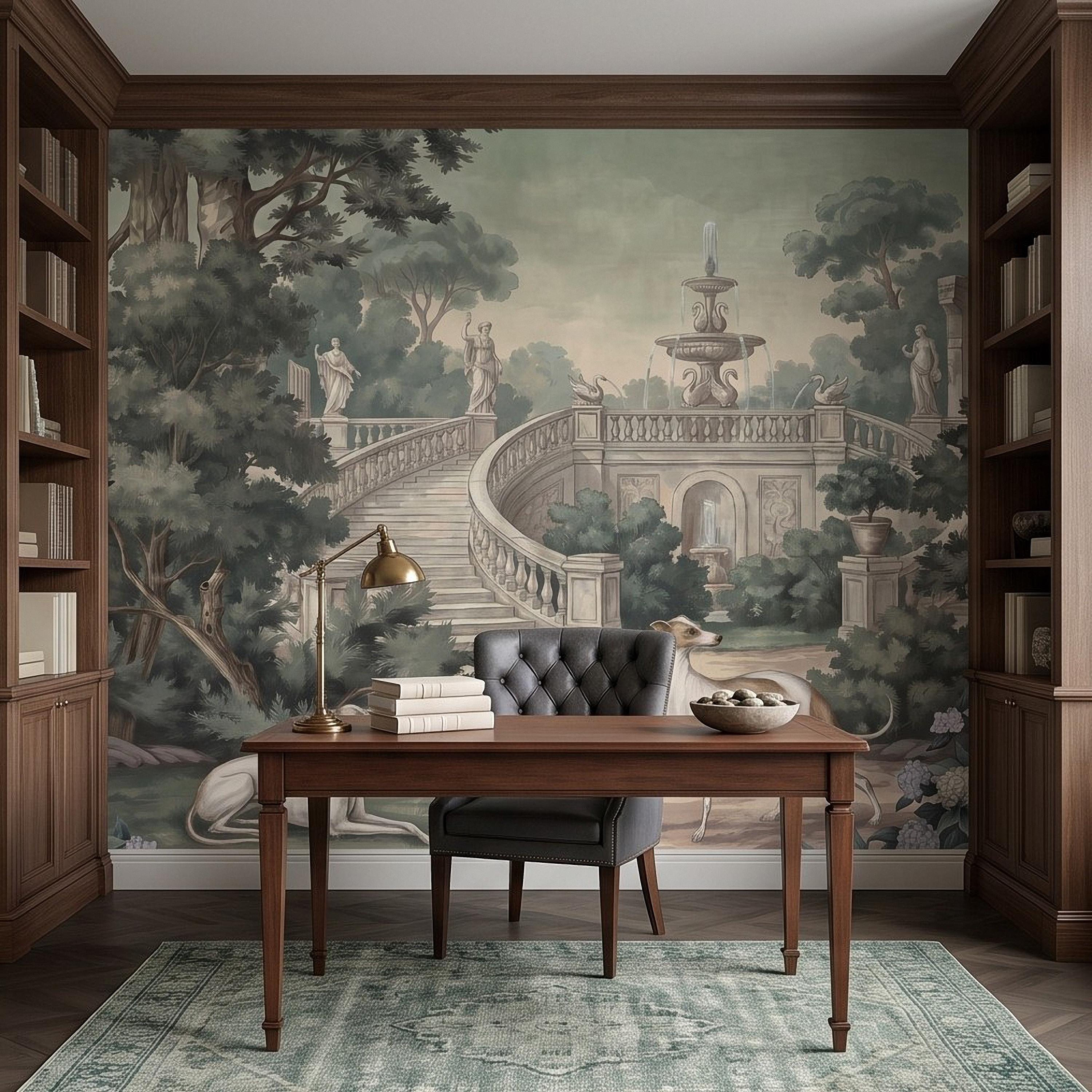 Italian Garden Peel and Stick Wall Mural, Greyhound Dogs Classical Fountain Statues Romantic European Landscape Vintage Scenic Wallpaper