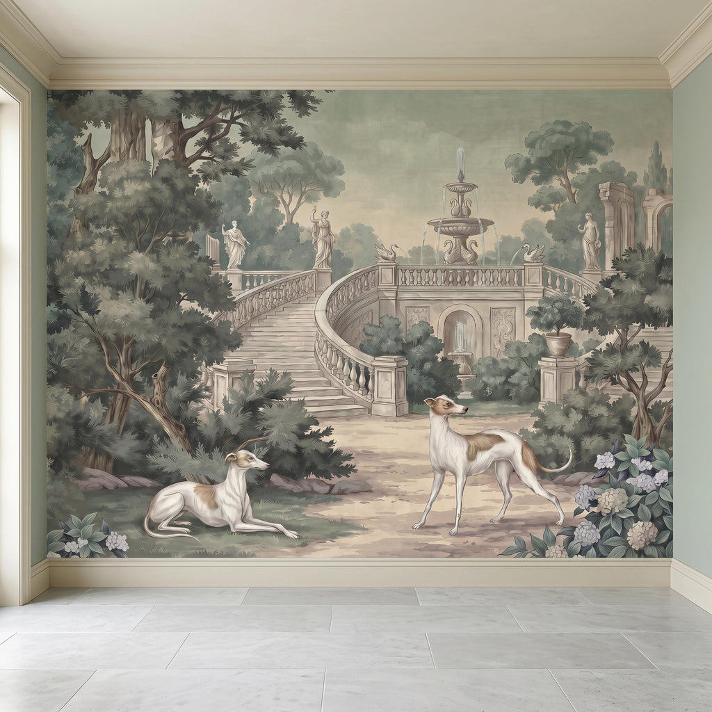Italian Garden Peel and Stick Wall Mural, Greyhound Dogs Classical Fountain Statues Romantic European Landscape Vintage Scenic Wallpaper