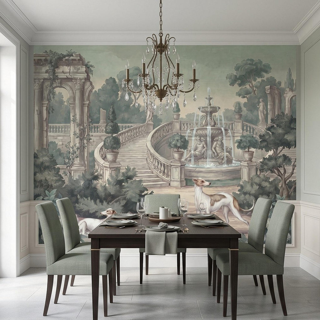 Italian Garden Peel and Stick Wall Mural, Greyhound Dogs Classical Fountain Statues European Villa Landscape Romantic Vintage Wallpaper