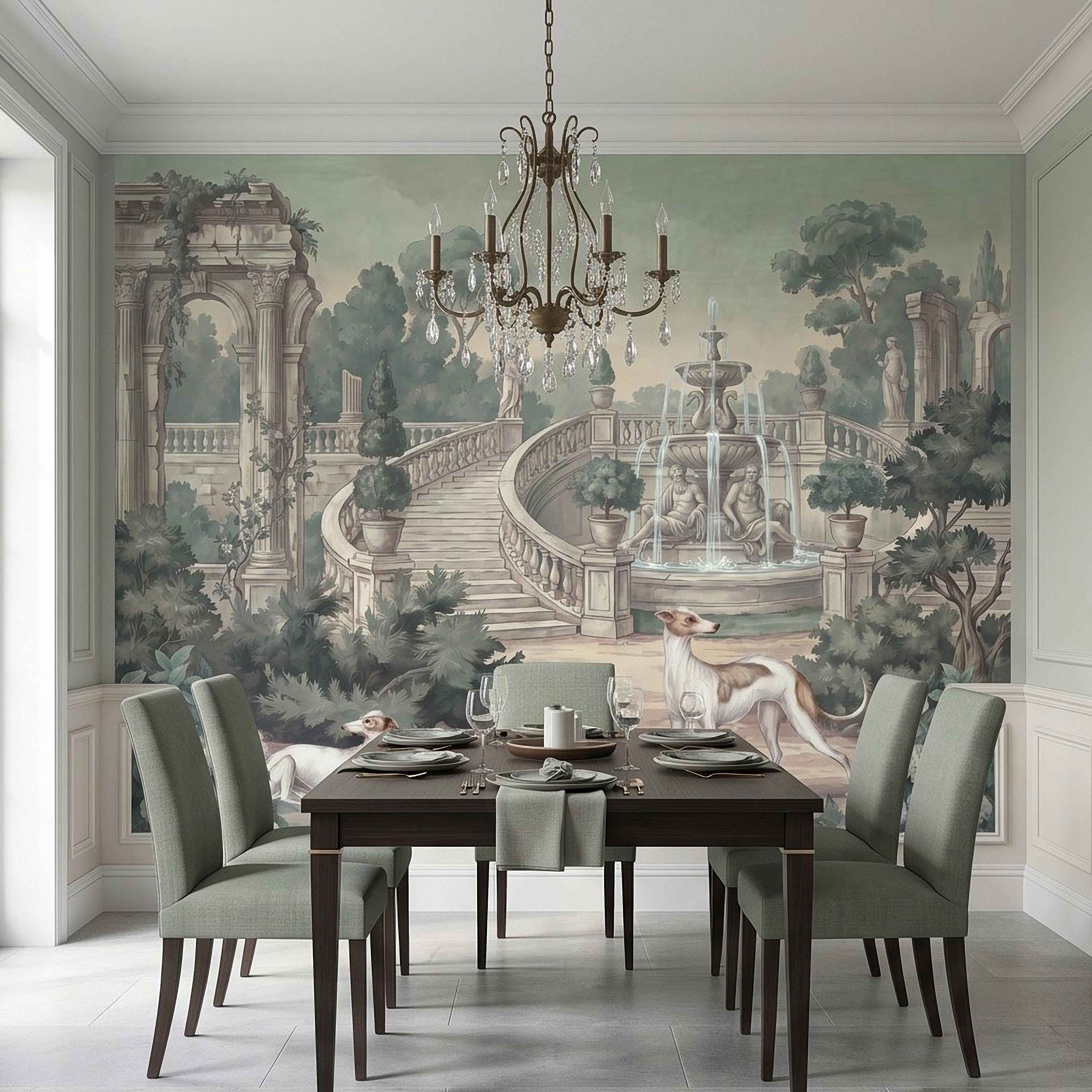Italian Garden Peel and Stick Wall Mural, Greyhound Dogs Classical Fountain Statues European Villa Landscape Romantic Vintage Wallpaper