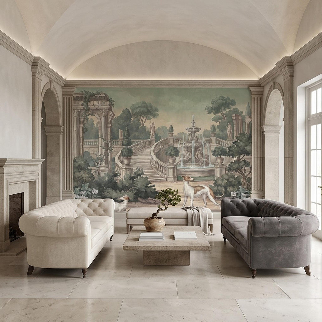 Italian Garden Peel and Stick Wall Mural, Greyhound Dogs Classical Fountain Statues European Villa Landscape Romantic Vintage Wallpaper
