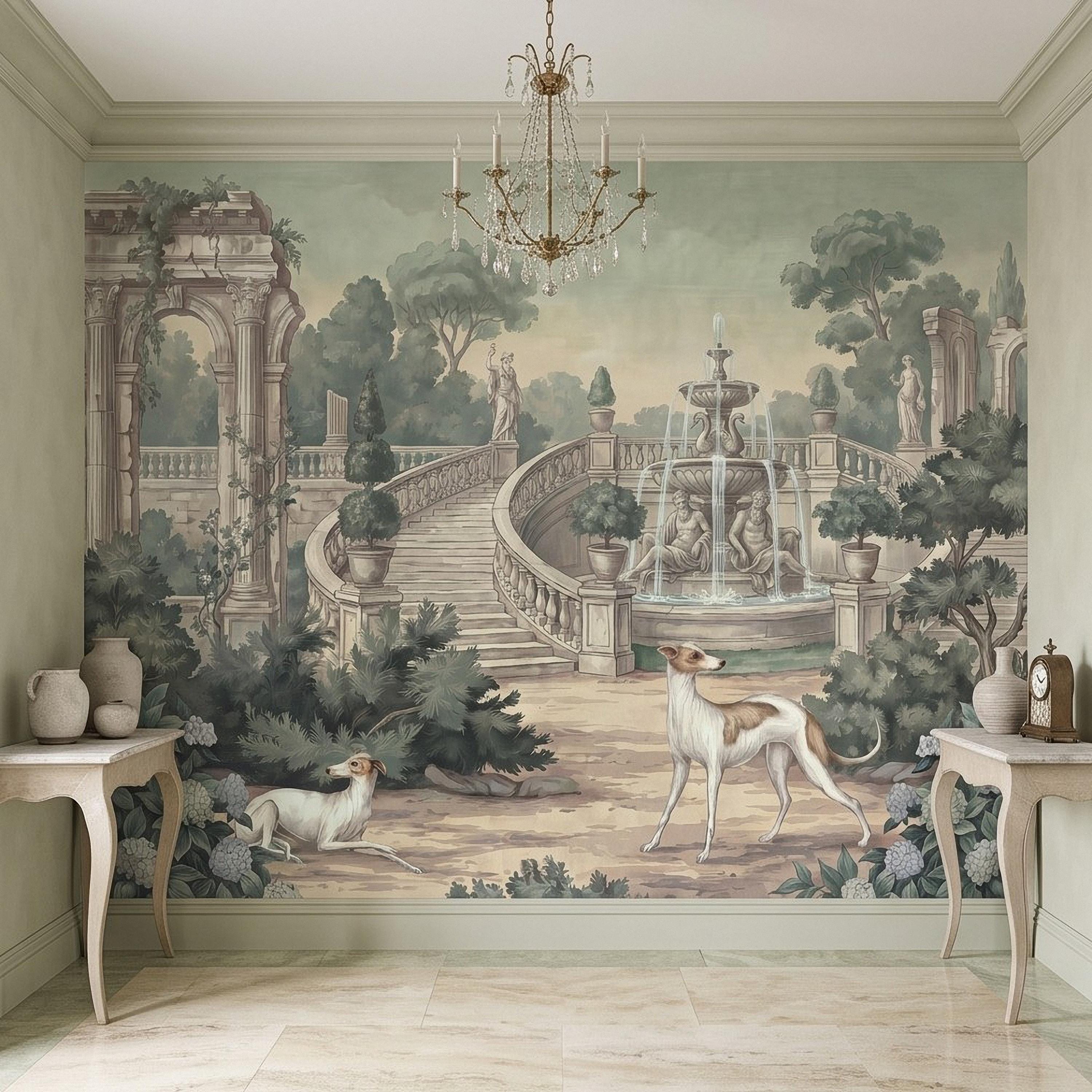 Italian Garden Peel and Stick Wall Mural, Greyhound Dogs Classical Fountain Statues European Villa Landscape Romantic Vintage Wallpaper