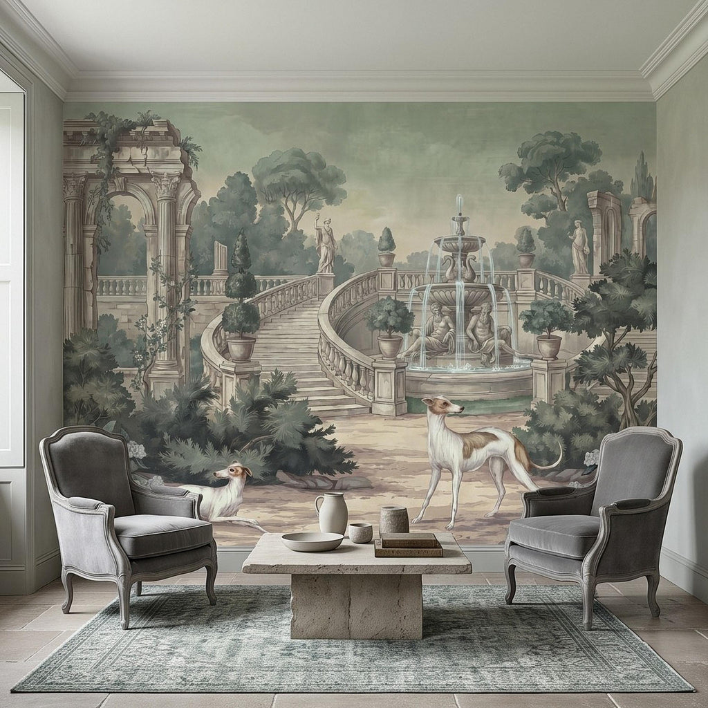 Italian Garden Peel and Stick Wall Mural, Greyhound Dogs Classical Fountain Statues European Villa Landscape Romantic Vintage Wallpaper