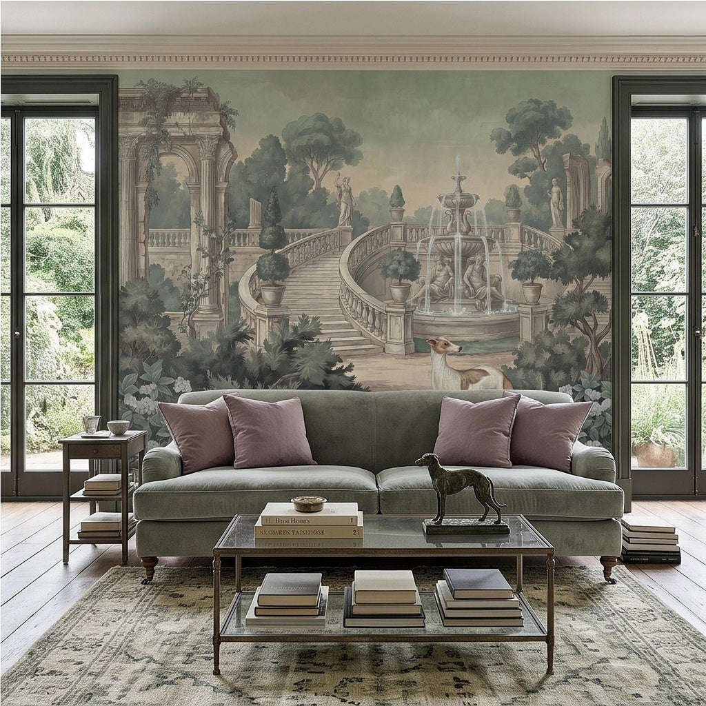 Italian Garden Peel and Stick Wall Mural, Greyhound Dogs Classical Fountain Statues European Villa Landscape Romantic Vintage Wallpaper
