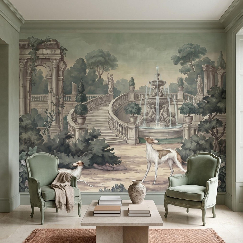 Italian Garden Peel and Stick Wall Mural, Greyhound Dogs Classical Fountain Statues European Villa Landscape Romantic Vintage Wallpaper