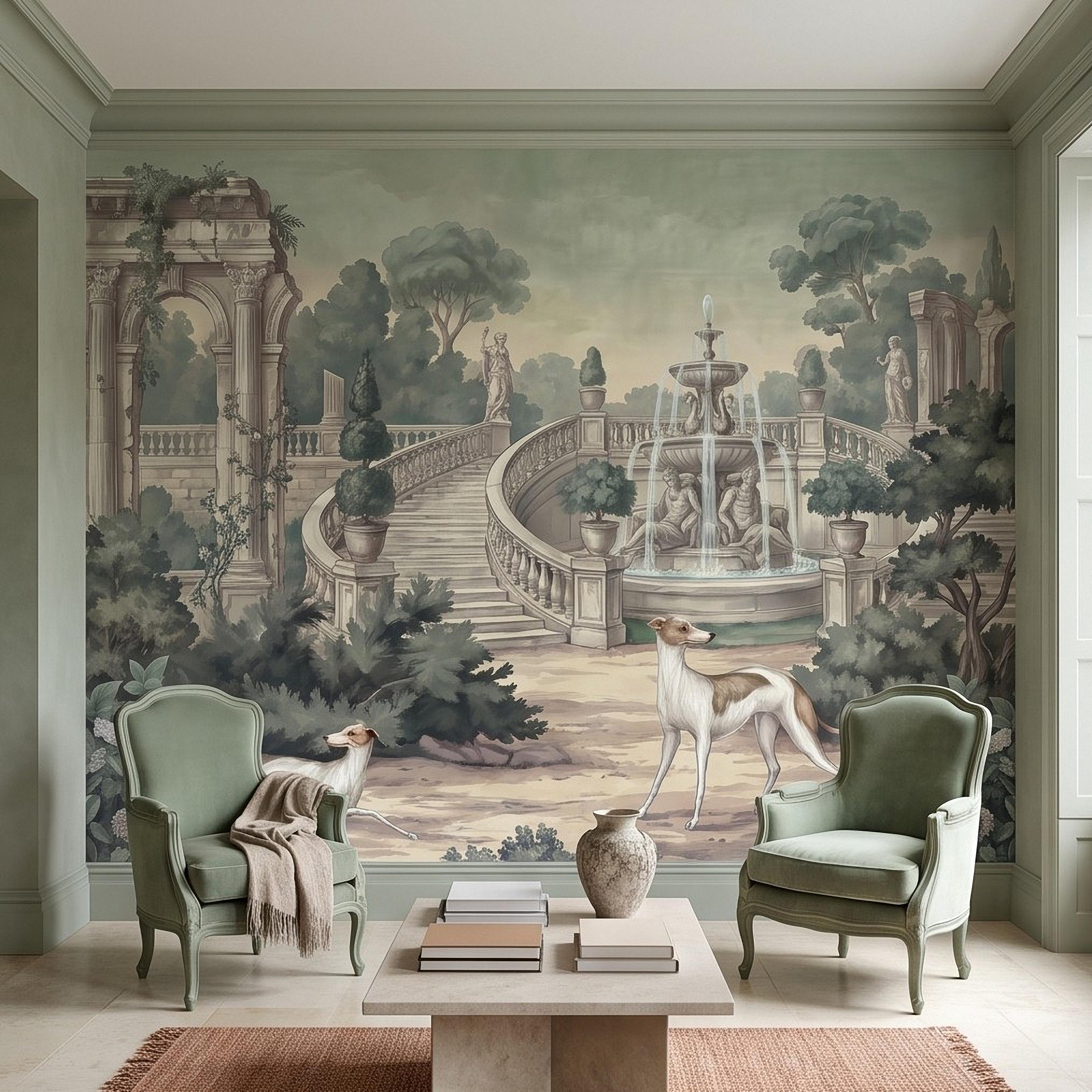 Italian Garden Peel and Stick Wall Mural, Greyhound Dogs Classical Fountain Statues European Villa Landscape Romantic Vintage Wallpaper