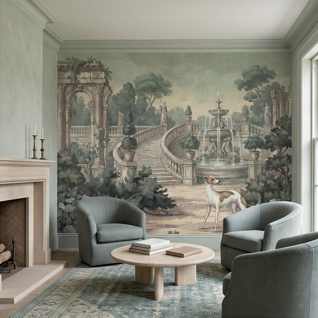 Italian Garden Peel and Stick Wall Mural, Greyhound Dogs Classical Fountain Statues European Villa Landscape Romantic Vintage Wallpaper