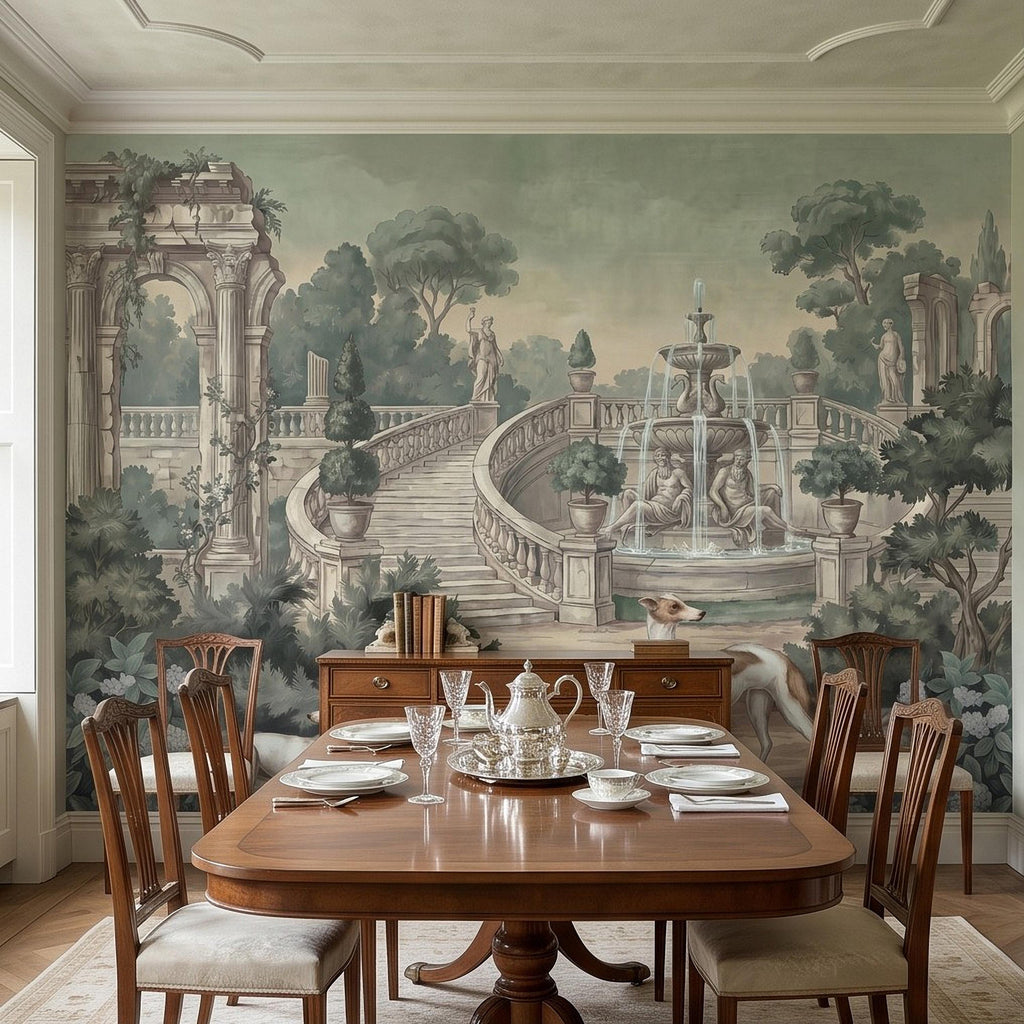 Italian Garden Peel and Stick Wall Mural, Greyhound Dogs Classical Fountain Statues European Villa Landscape Romantic Vintage Wallpaper