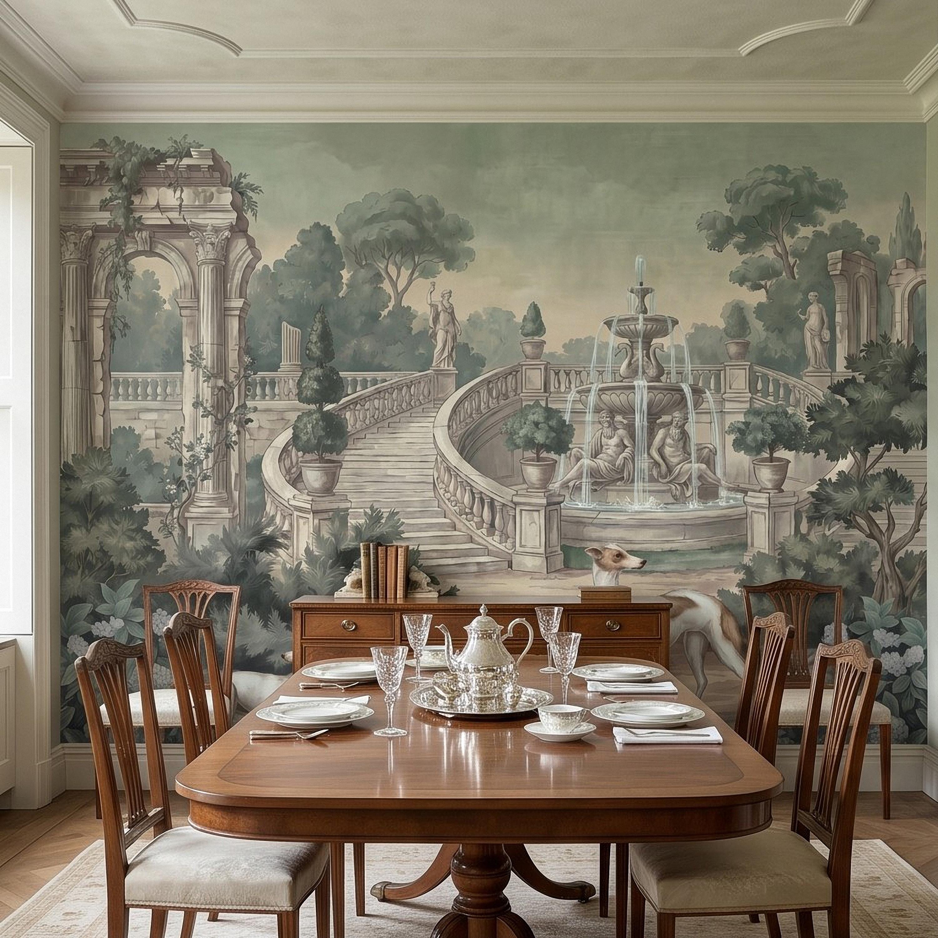Italian Garden Peel and Stick Wall Mural, Greyhound Dogs Classical Fountain Statues European Villa Landscape Romantic Vintage Wallpaper