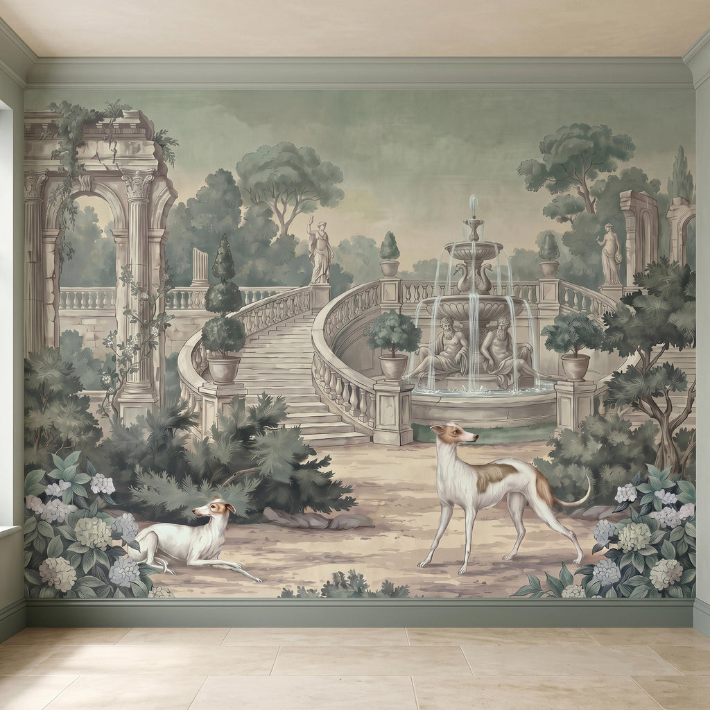 Italian Garden Peel and Stick Wall Mural, Greyhound Dogs Classical Fountain Statues European Villa Landscape Romantic Vintage Wallpaper