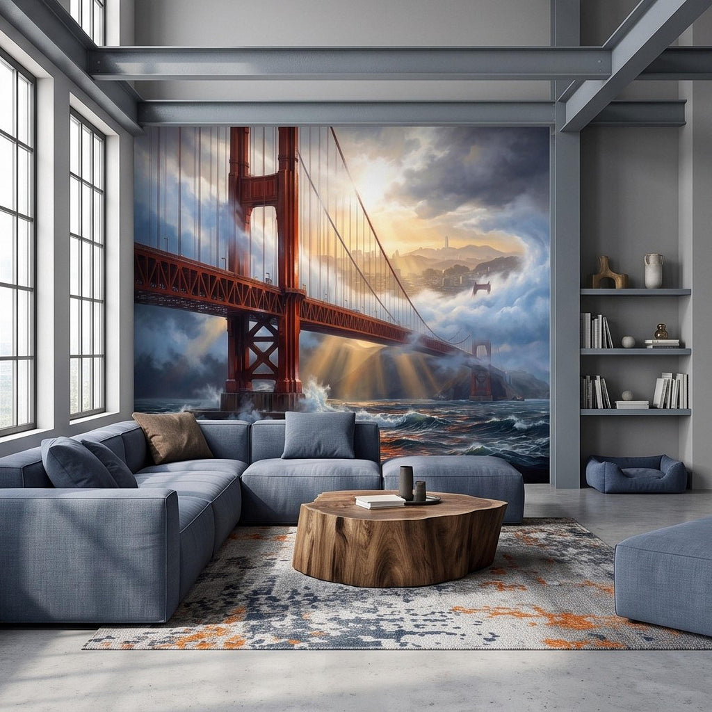 Golden Gate Bridge Peel and Stick Wall Mural, San Francisco Foggy Bay Ocean Waves California Coastal Dramatic Sunset Scenic Wallpaper