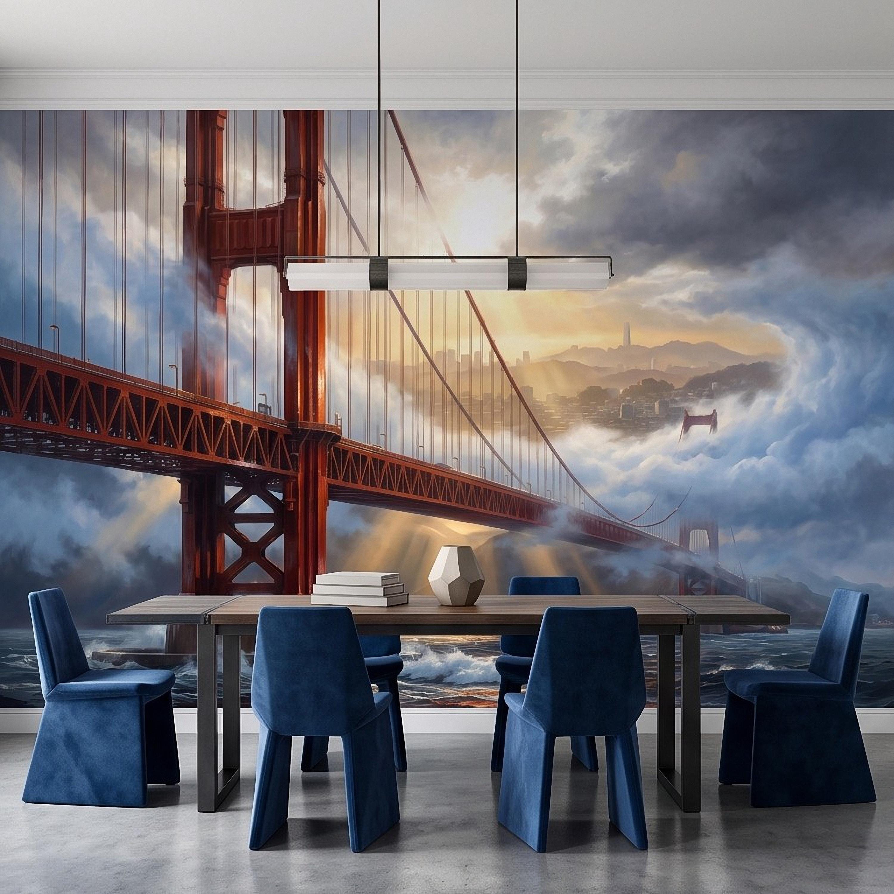 Golden Gate Bridge Peel and Stick Wall Mural, San Francisco Foggy Bay Ocean Waves California Coastal Dramatic Sunset Scenic Wallpaper