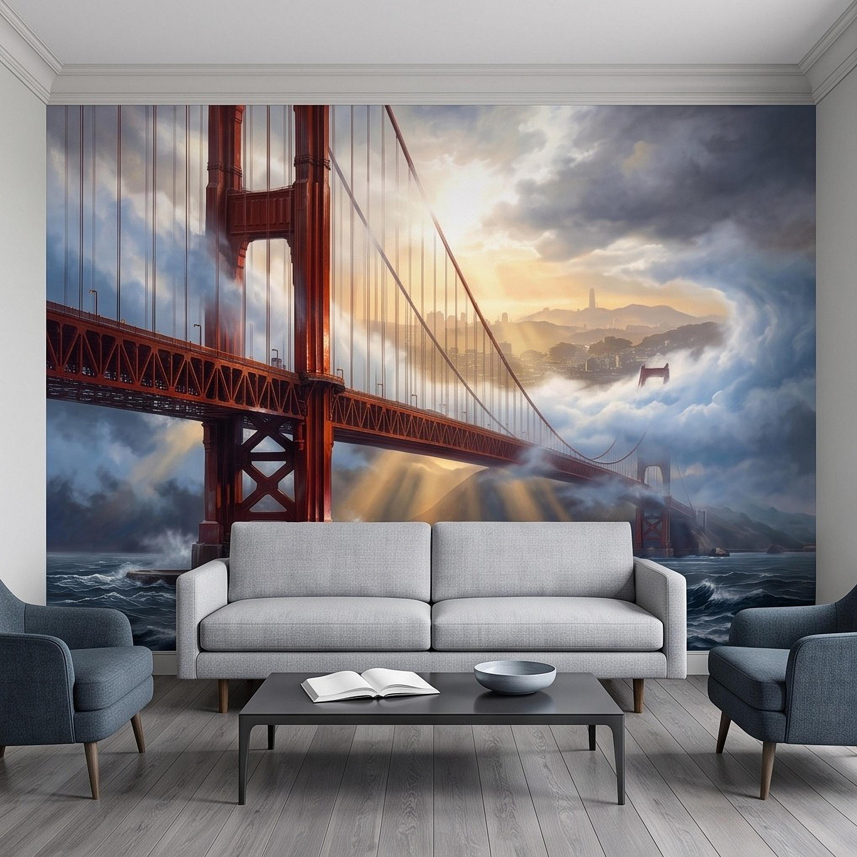 Golden Gate Bridge Peel and Stick Wall Mural, San Francisco Foggy Bay Ocean Waves California Coastal Dramatic Sunset Scenic Wallpaper