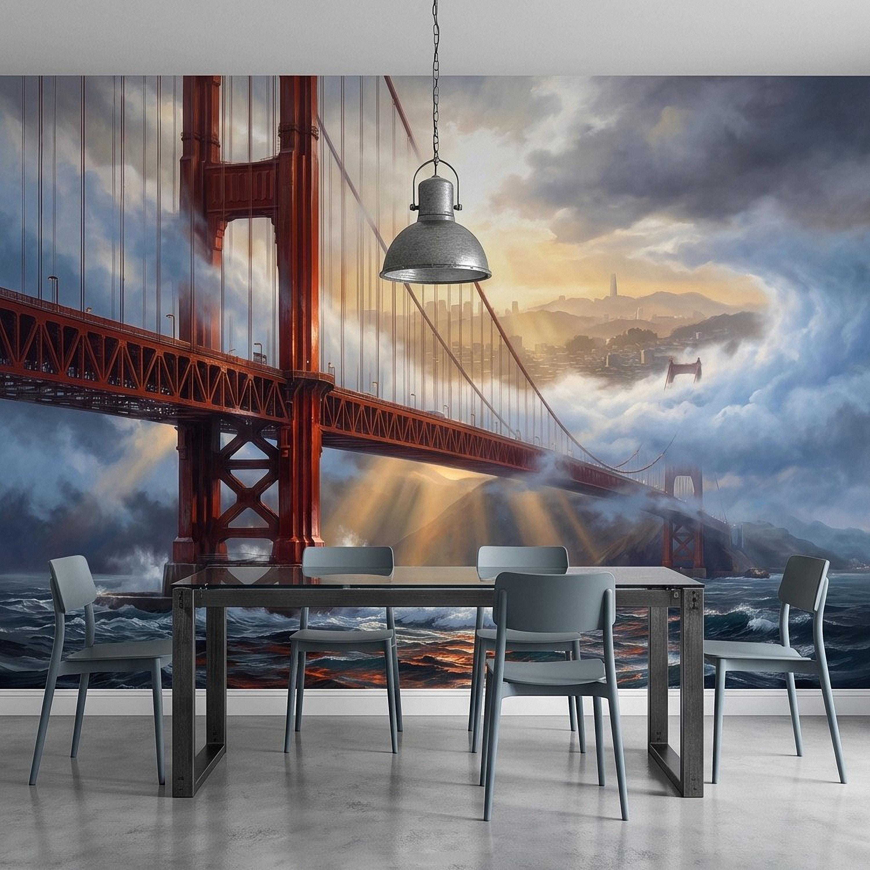 Golden Gate Bridge Peel and Stick Wall Mural, San Francisco Foggy Bay Ocean Waves California Coastal Dramatic Sunset Scenic Wallpaper