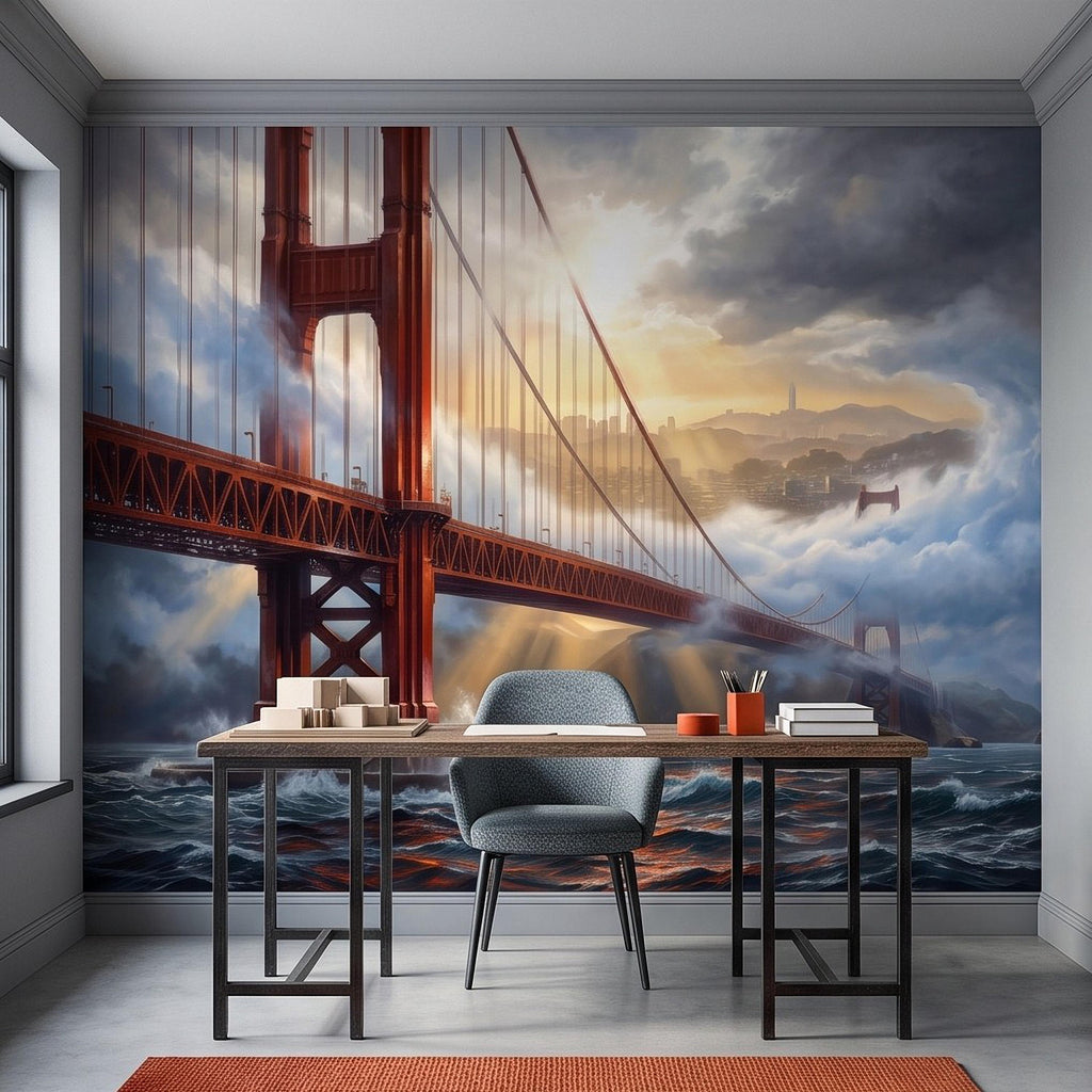 Golden Gate Bridge Peel and Stick Wall Mural, San Francisco Foggy Bay Ocean Waves California Coastal Dramatic Sunset Scenic Wallpaper